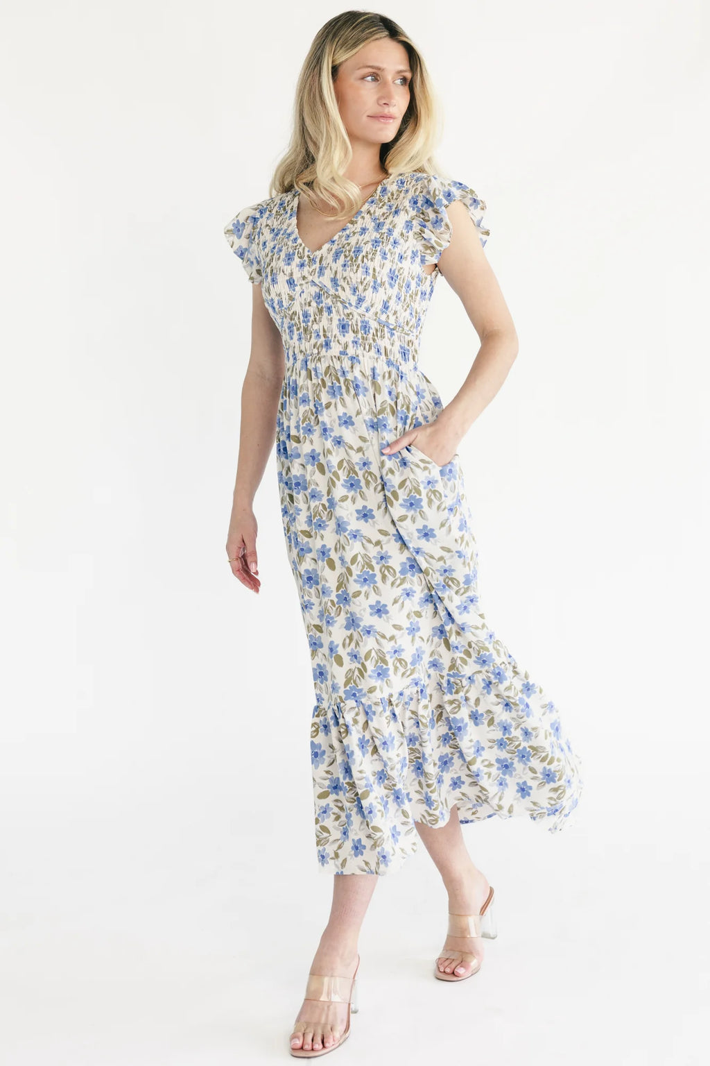 Tilly Smocked Dress | Ivory + Blue Floral