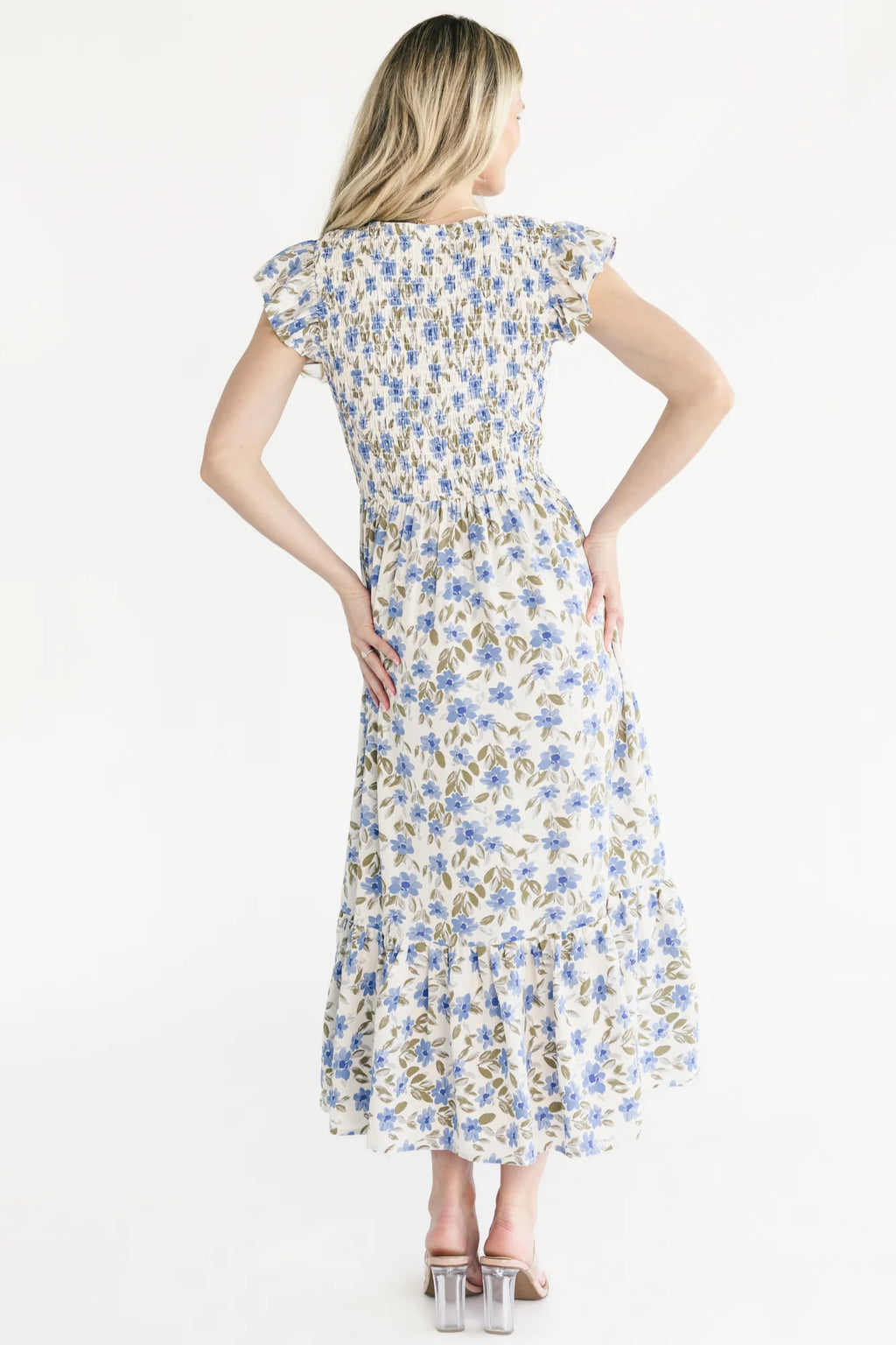 Tilly Smocked Dress | Ivory + Blue Floral