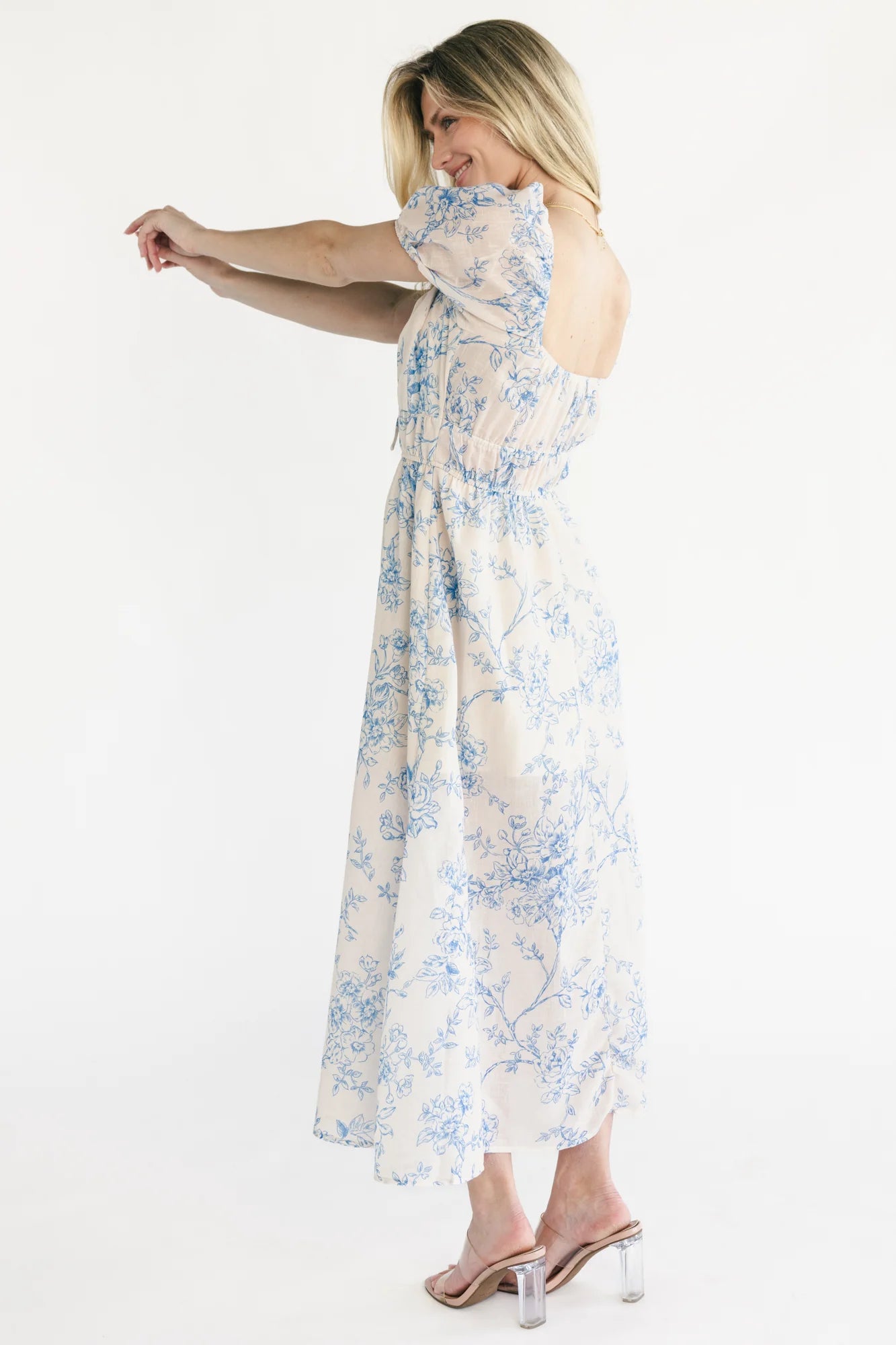 Vada Midi Dress | Cream + Blue Floral