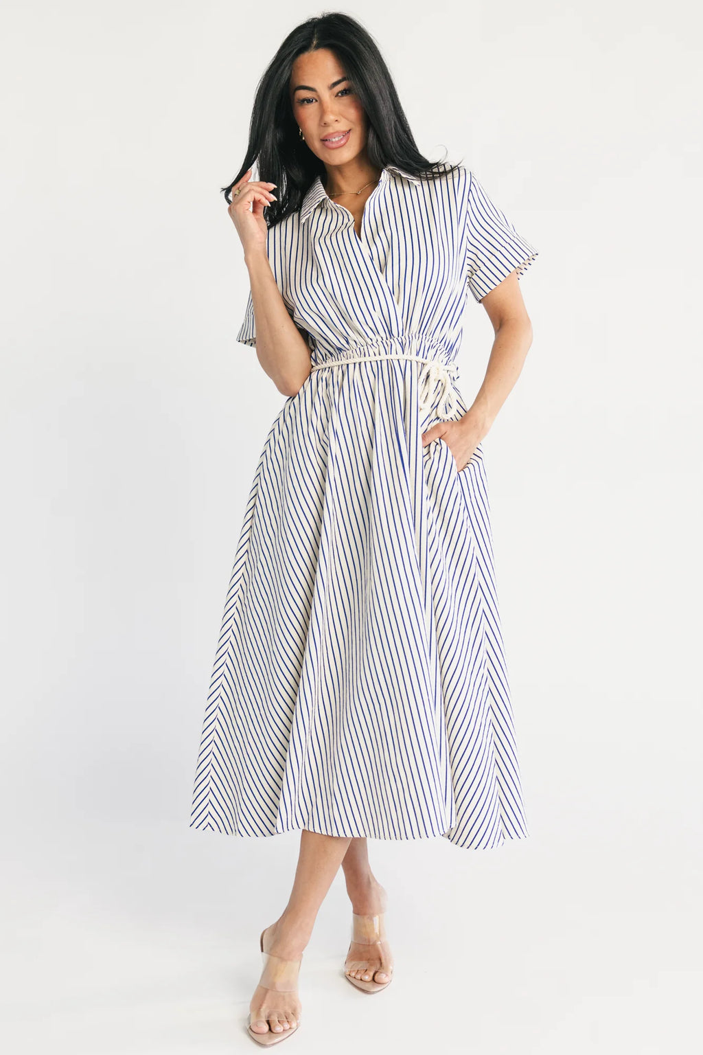 Bryony Midi Dress | Cream + Navy Stripe