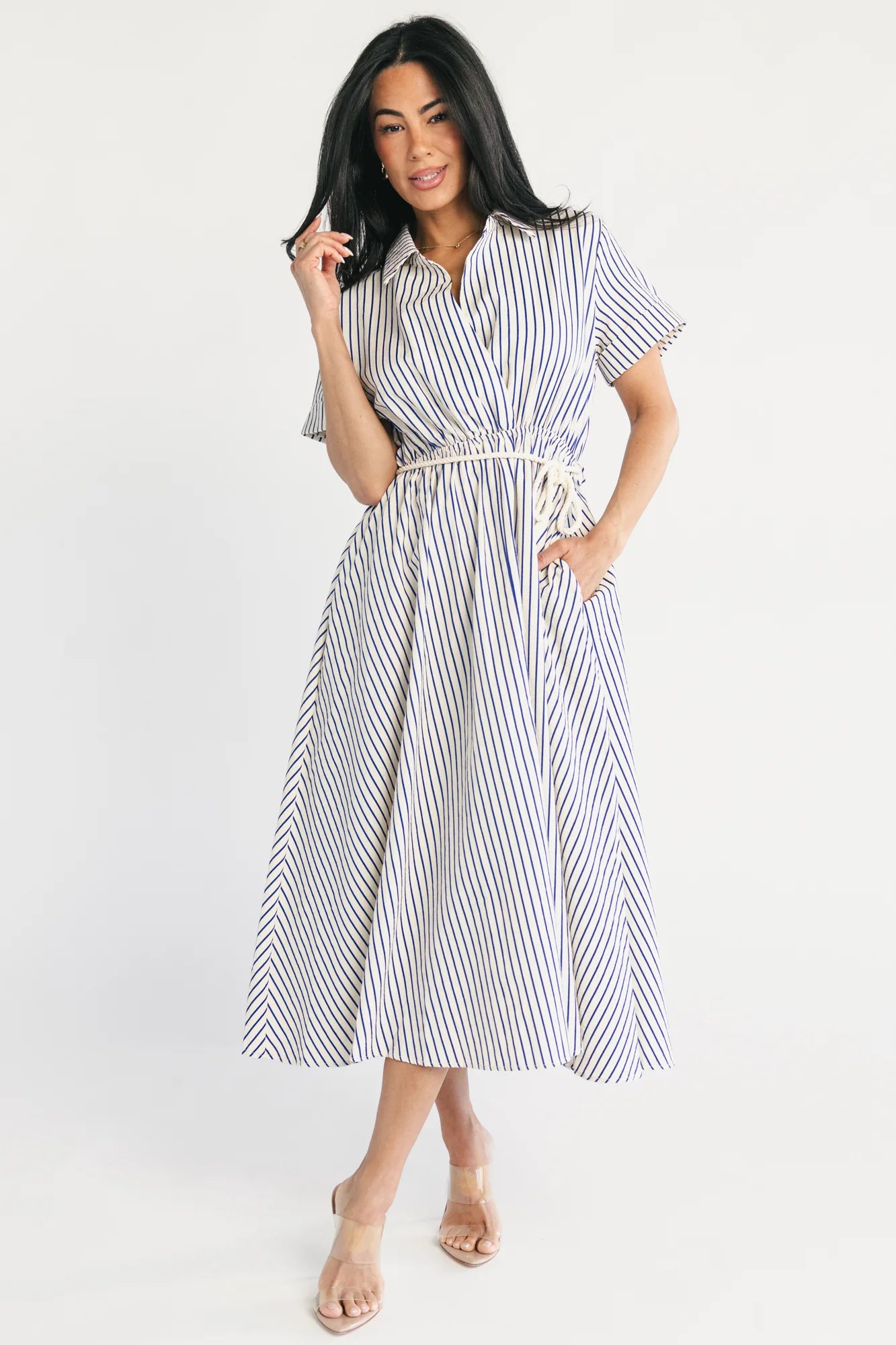 Bryony Midi Dress | Cream + Navy Stripe