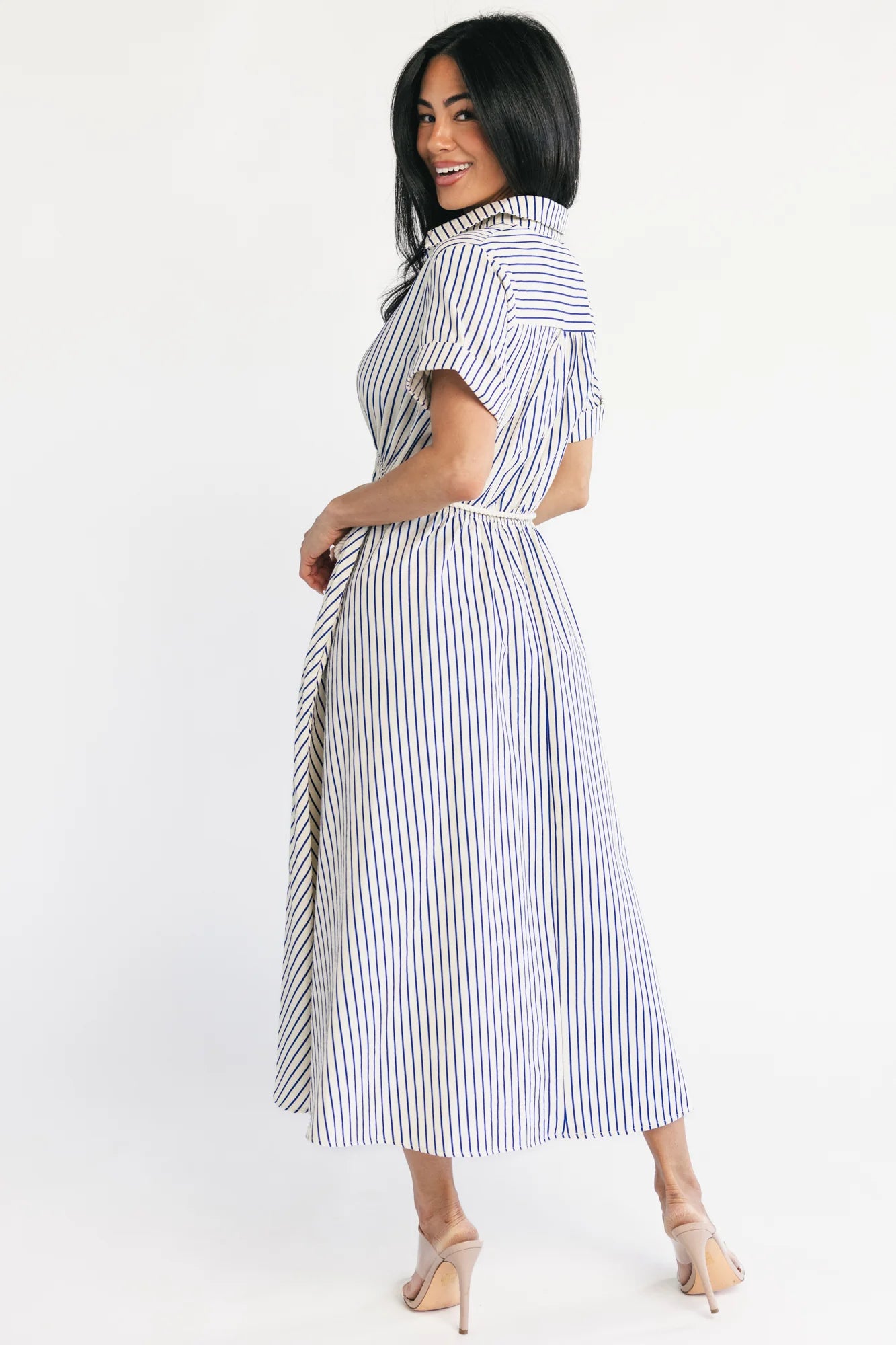 Bryony Midi Dress | Cream + Navy Stripe