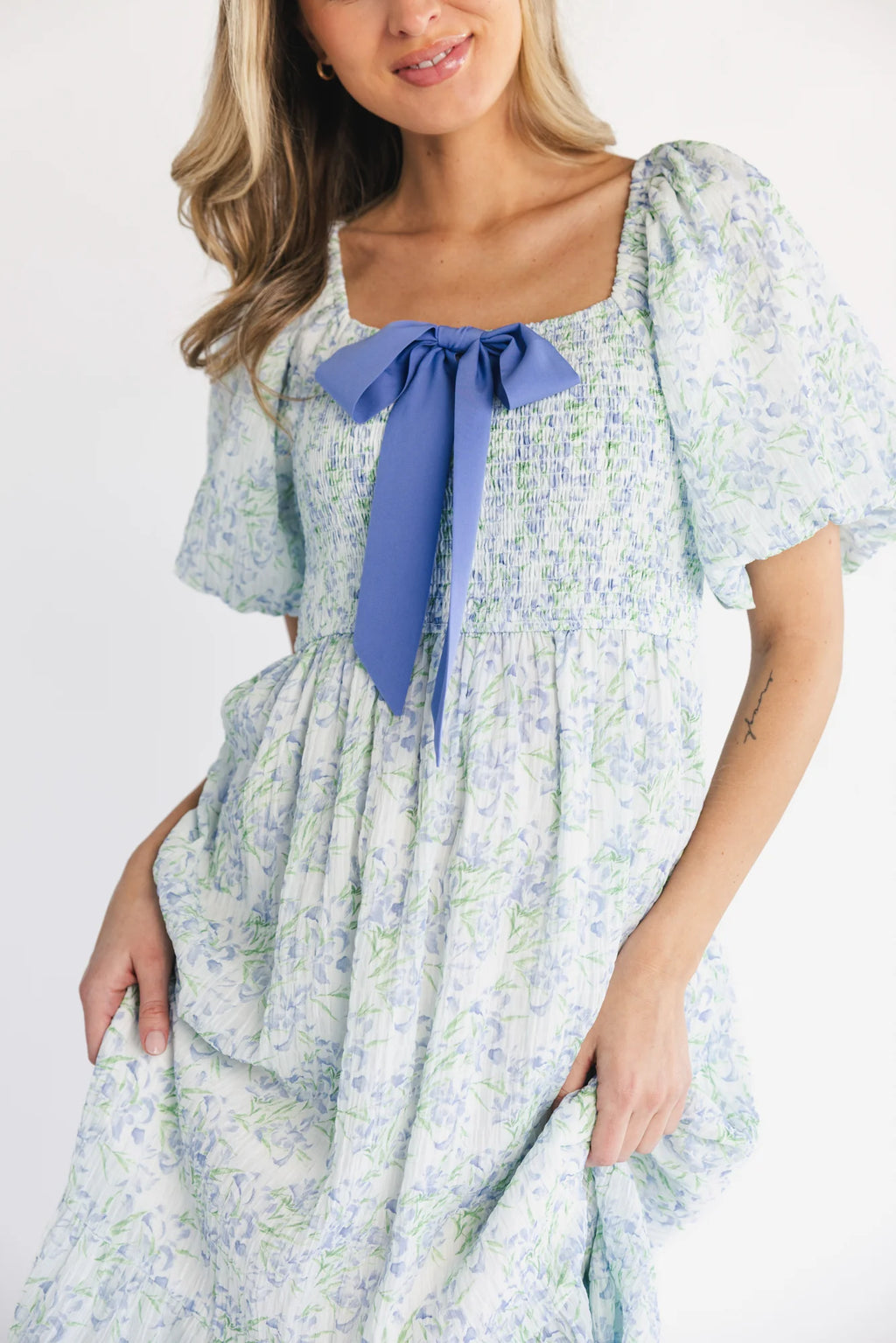 Jane Bow Midi Dress | Blue + Green Floral