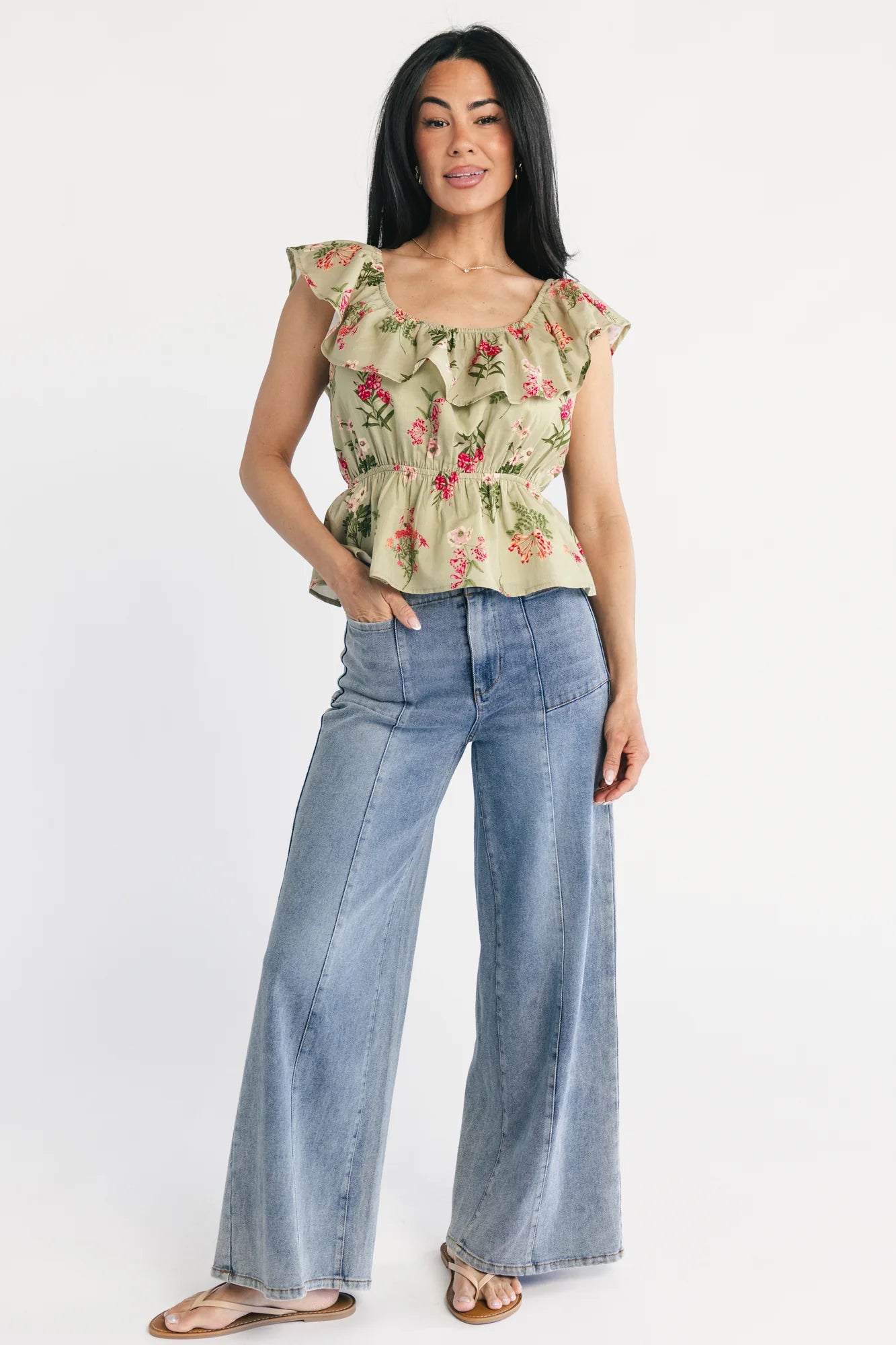 Lissie Peplum Top | Green + Pink Floral