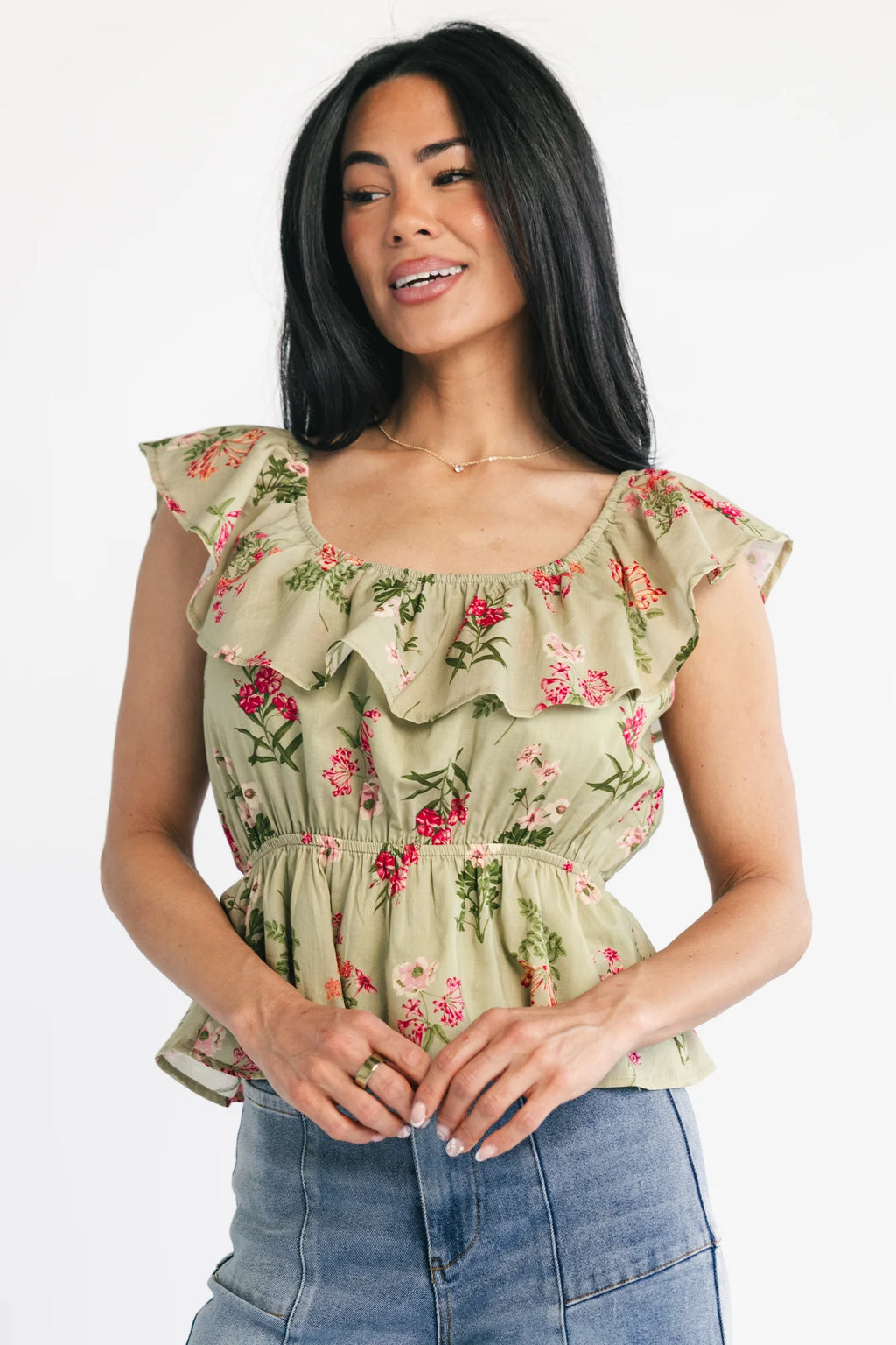 Lissie Peplum Top | Green + Pink Floral