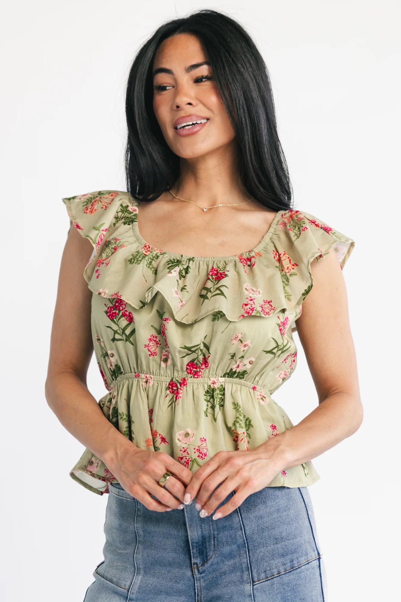 Lissie Peplum Top | Green + Pink Floral