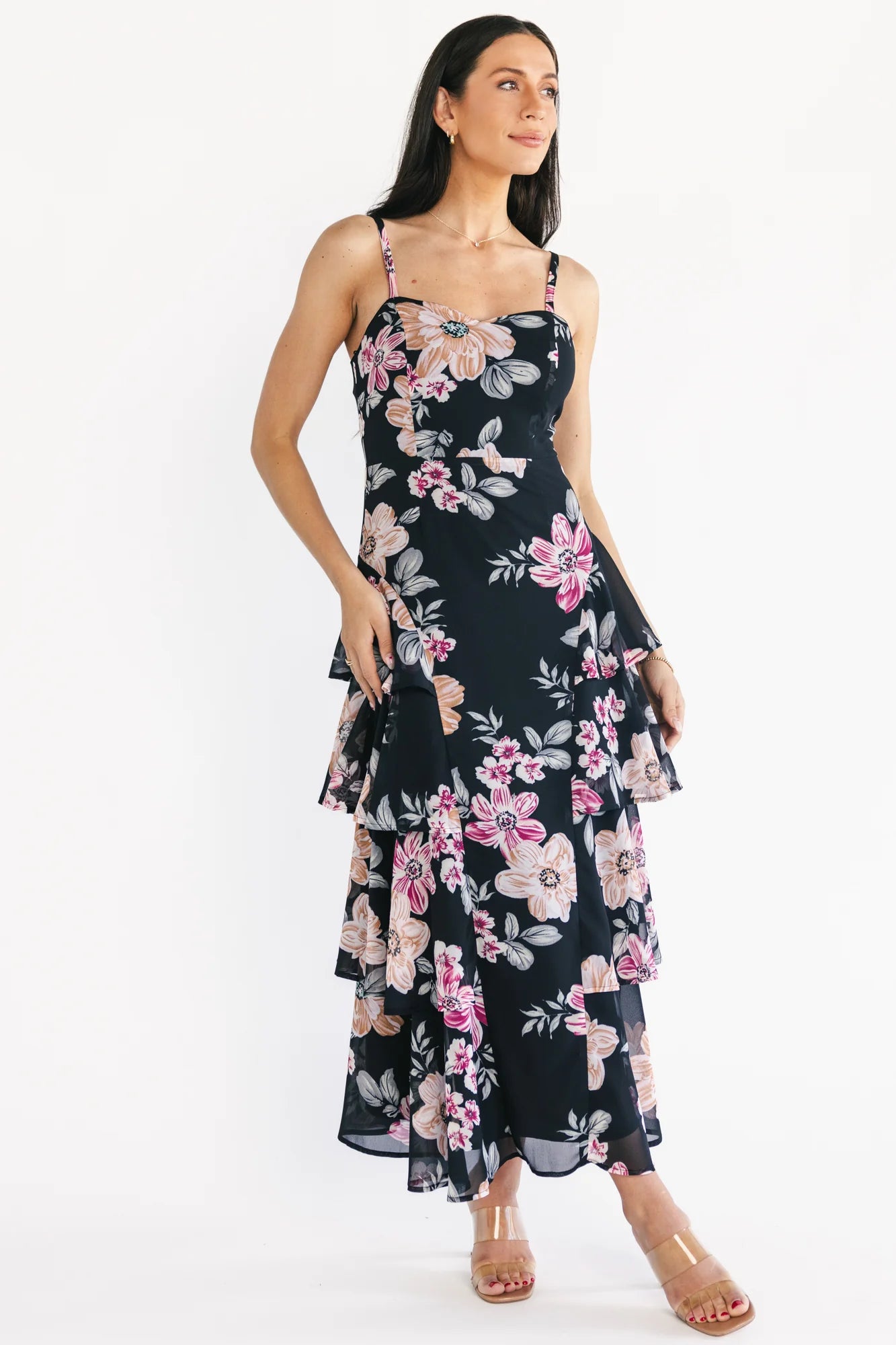 Hallie Tiered Maxi Dress | Black Multi Floral