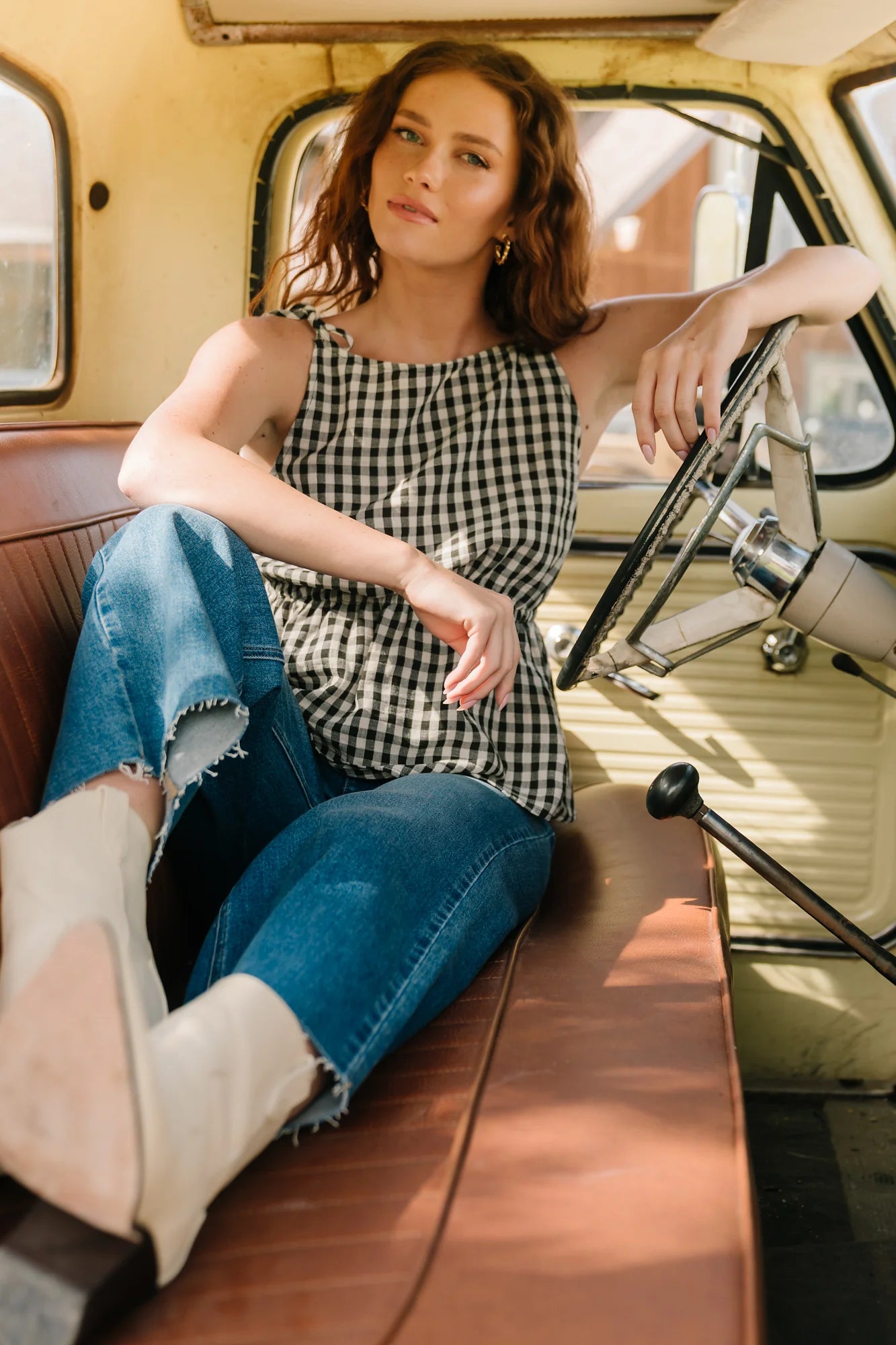 Lane Gingham Peplum Top | Black + Off White