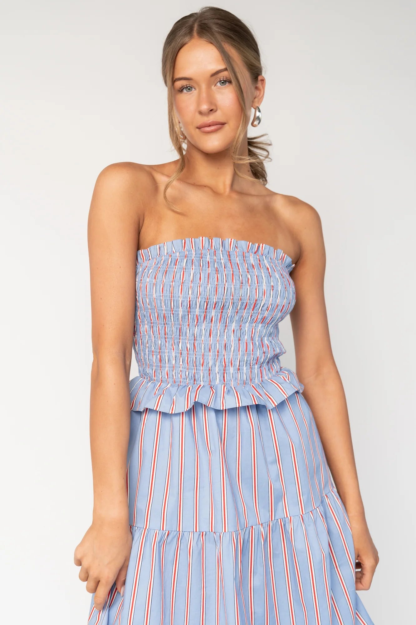 Madelyn Strapless Short Dress | Light Blue Stripe