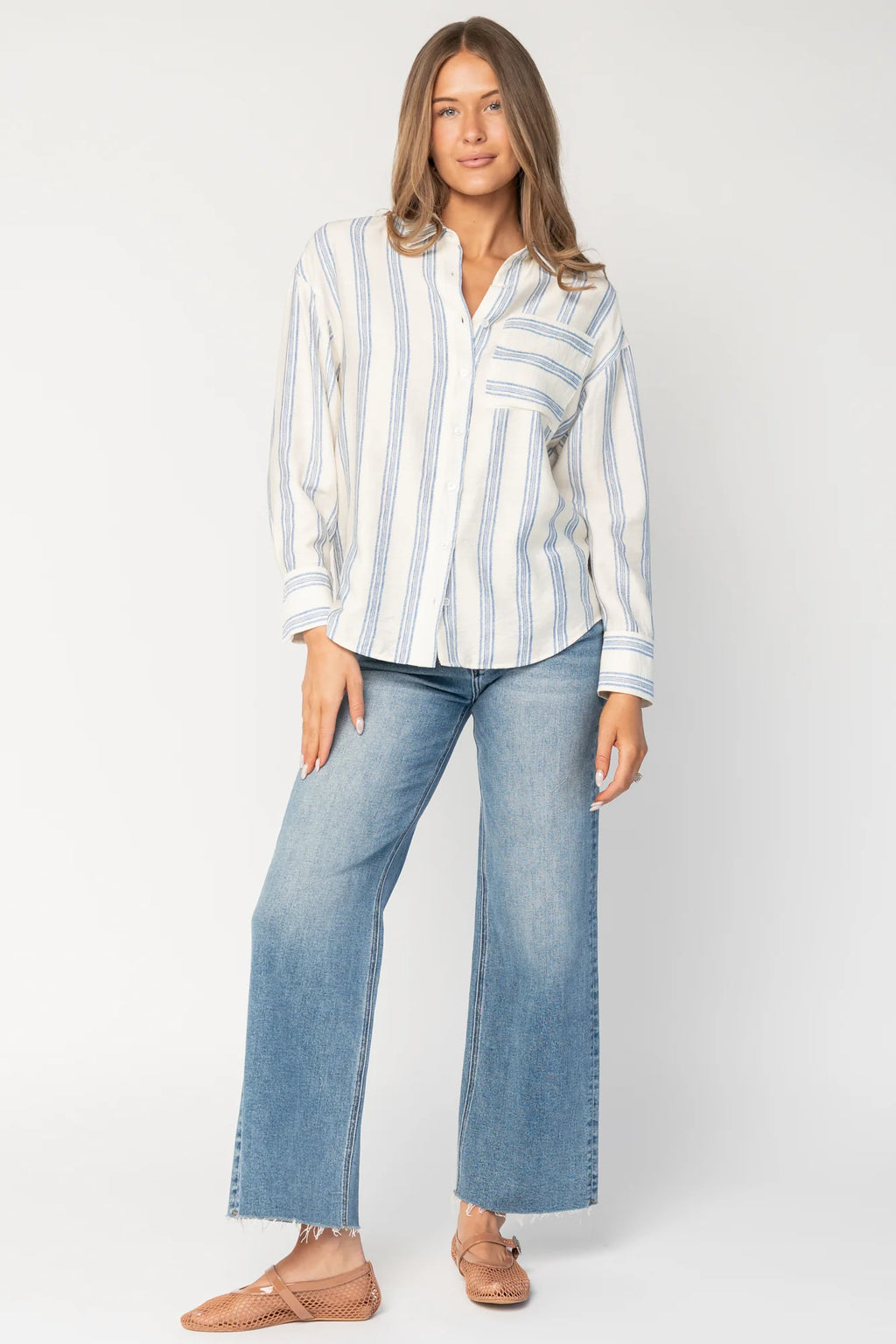 Kane Button Top | Off White + Blue