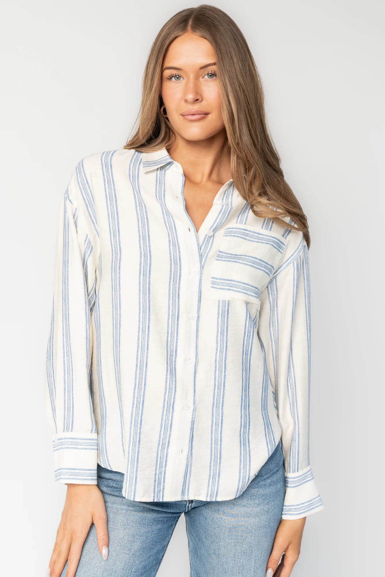 Kane Button Top | Off White + Blue