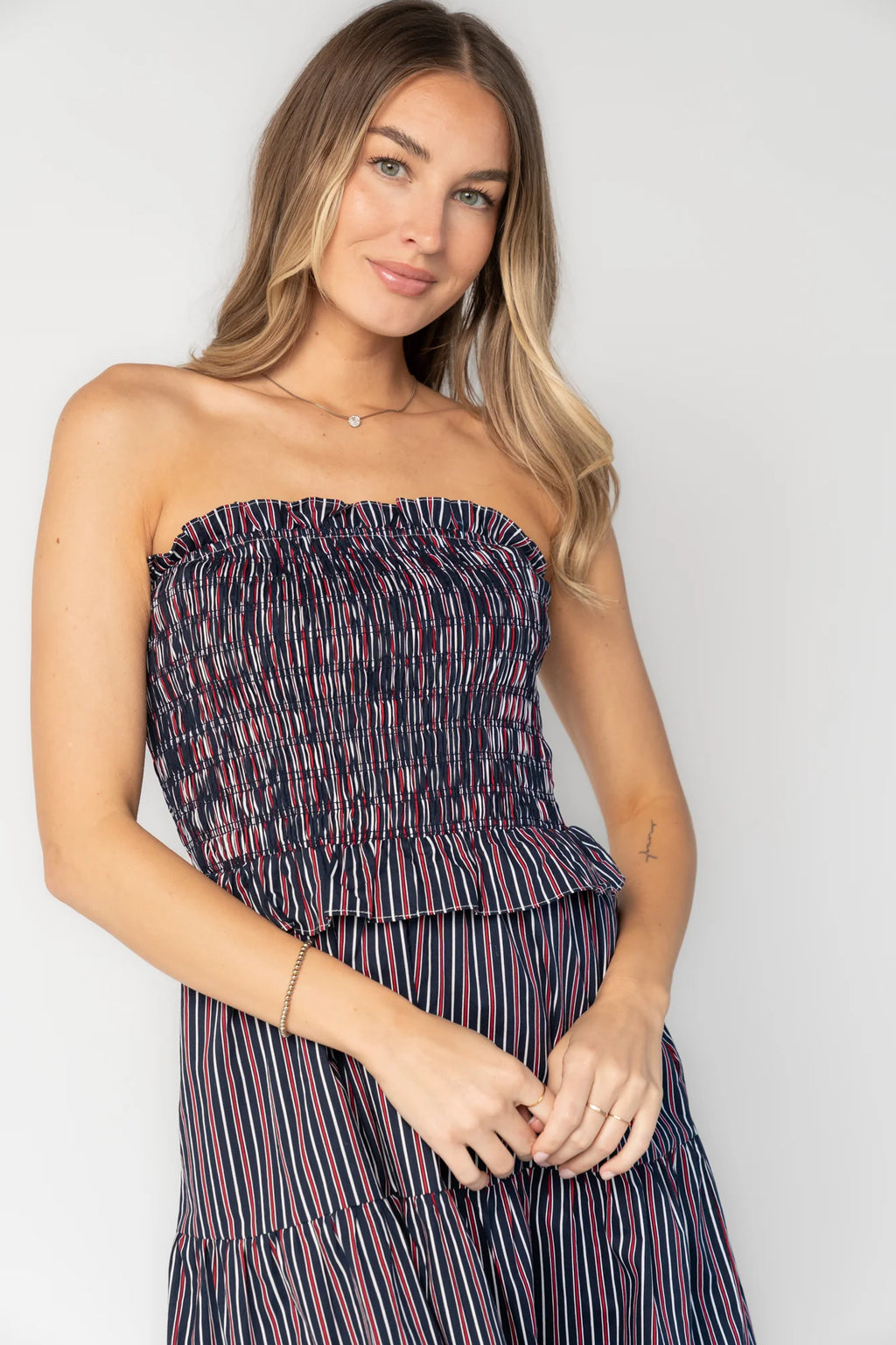 Madelyn Strapless Short Dress | Navy Stripe