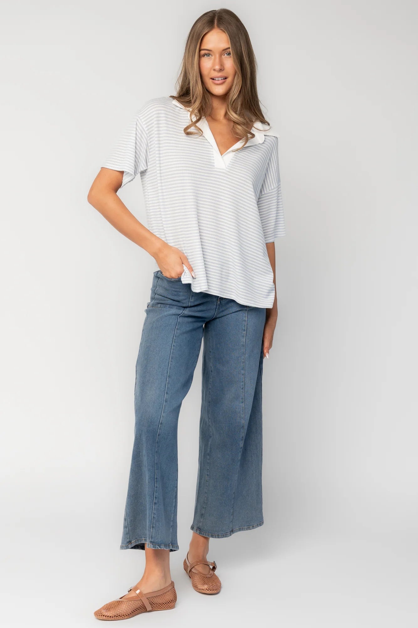 Billie Open Collar Top | Light Blue + White