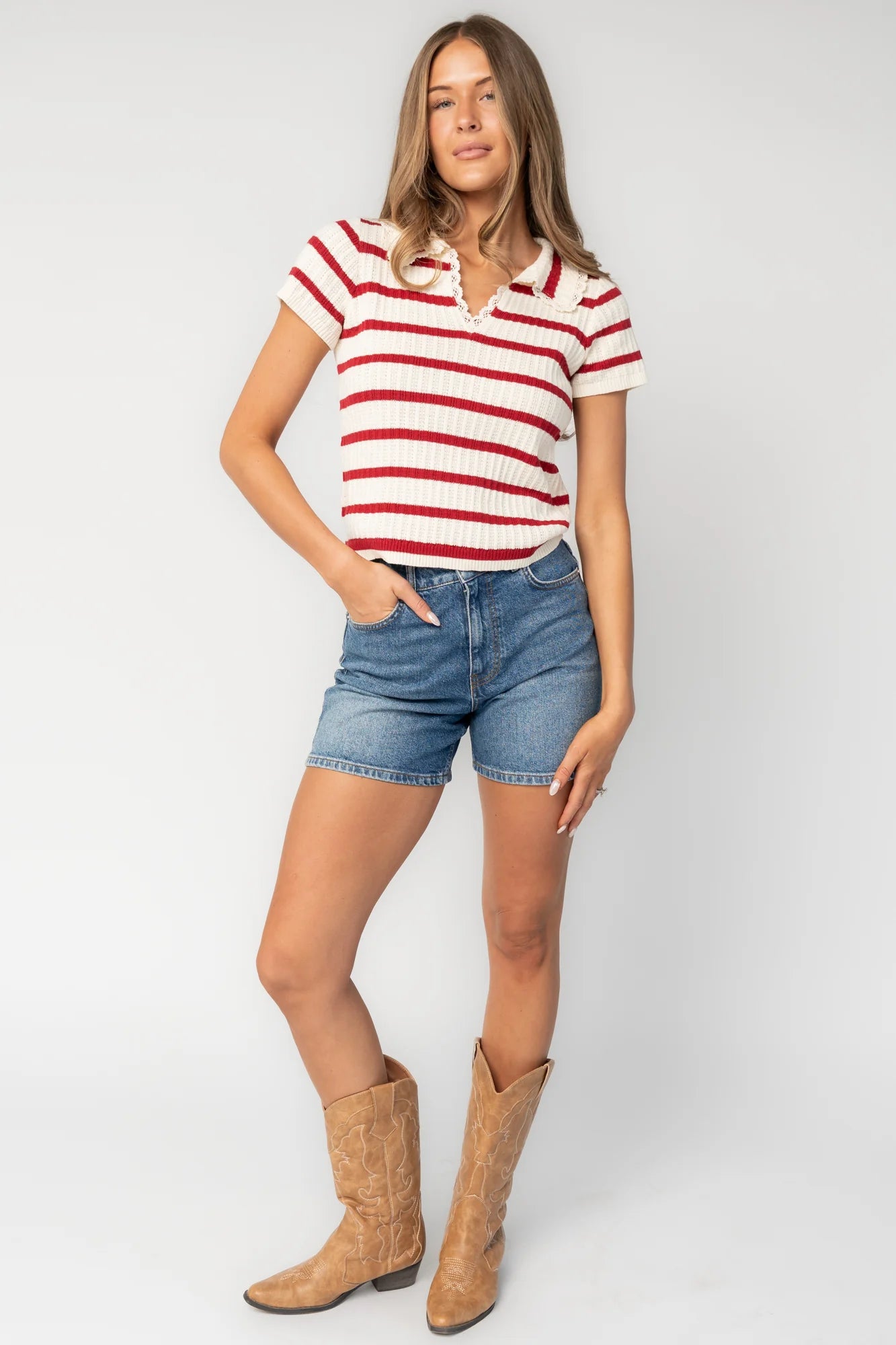 Molly Striped Collar Top | Red