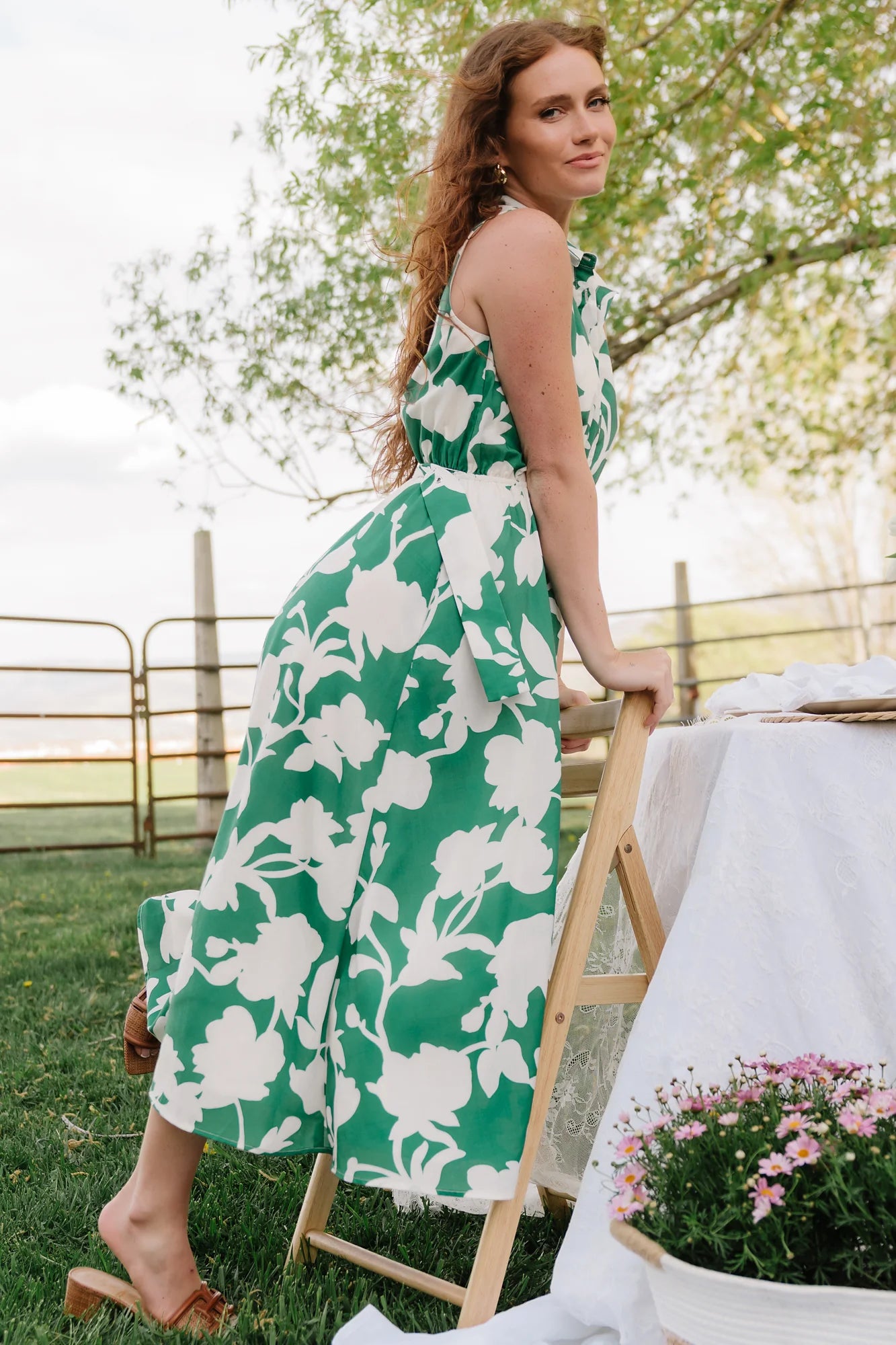 Tatum Button Down Dress | Green + Off White