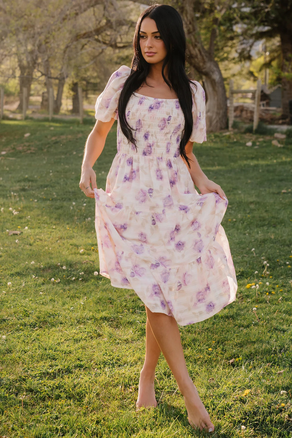 Mattea Smocked Midi Dress | Lavender Floral