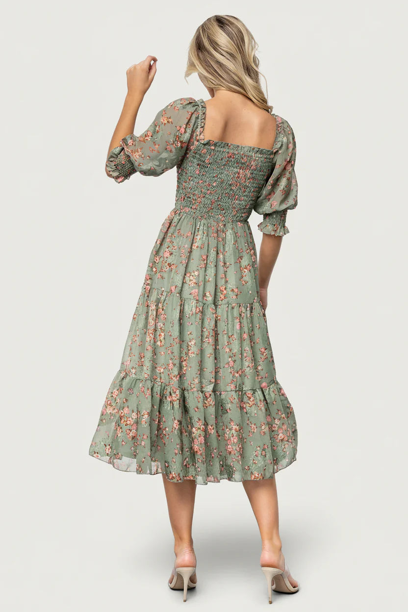 Fabian Jacquard Midi Dress | Eucalyptus + Pink