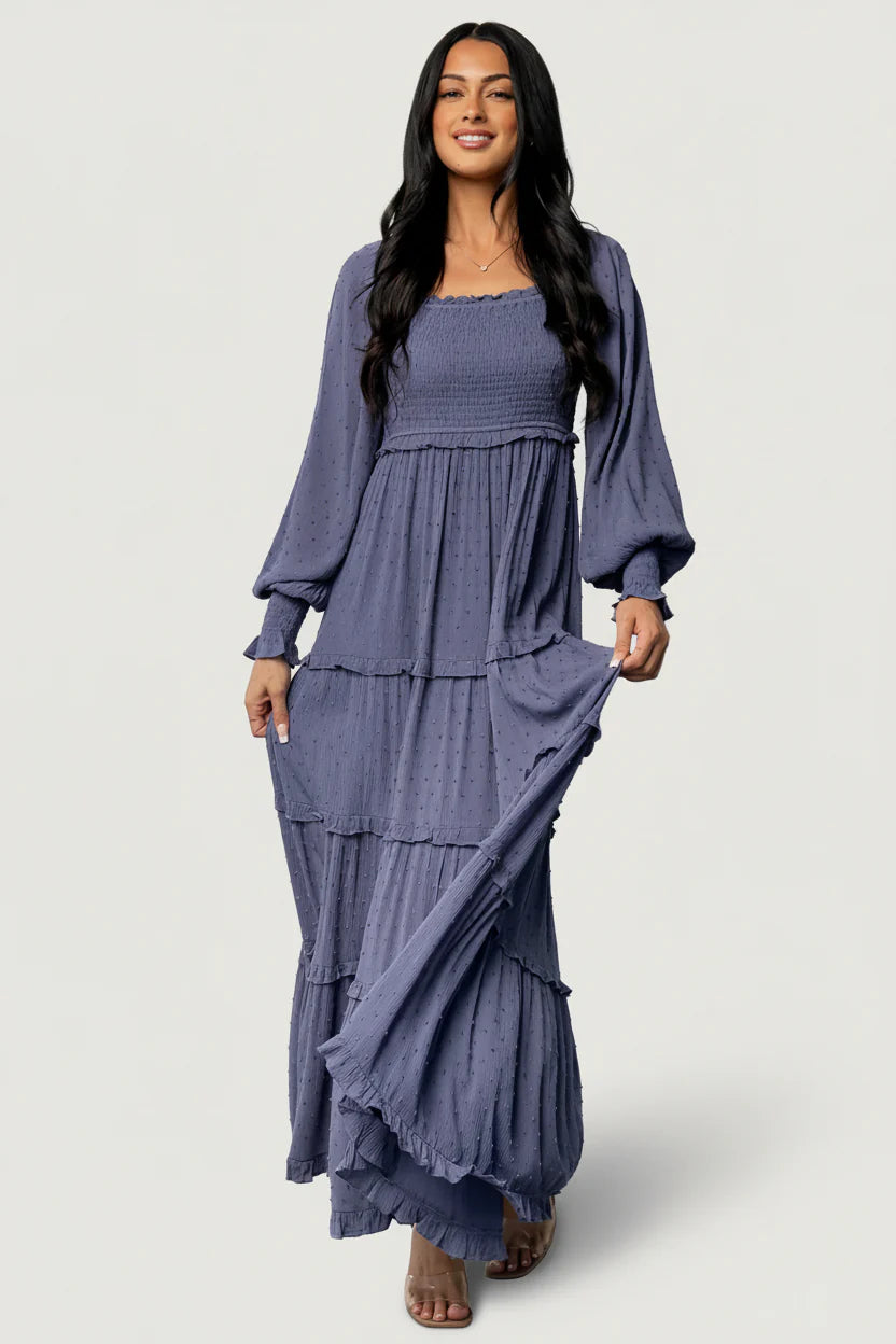 Amanda Smocked Dotted Maxi Dress | Dusk Blue