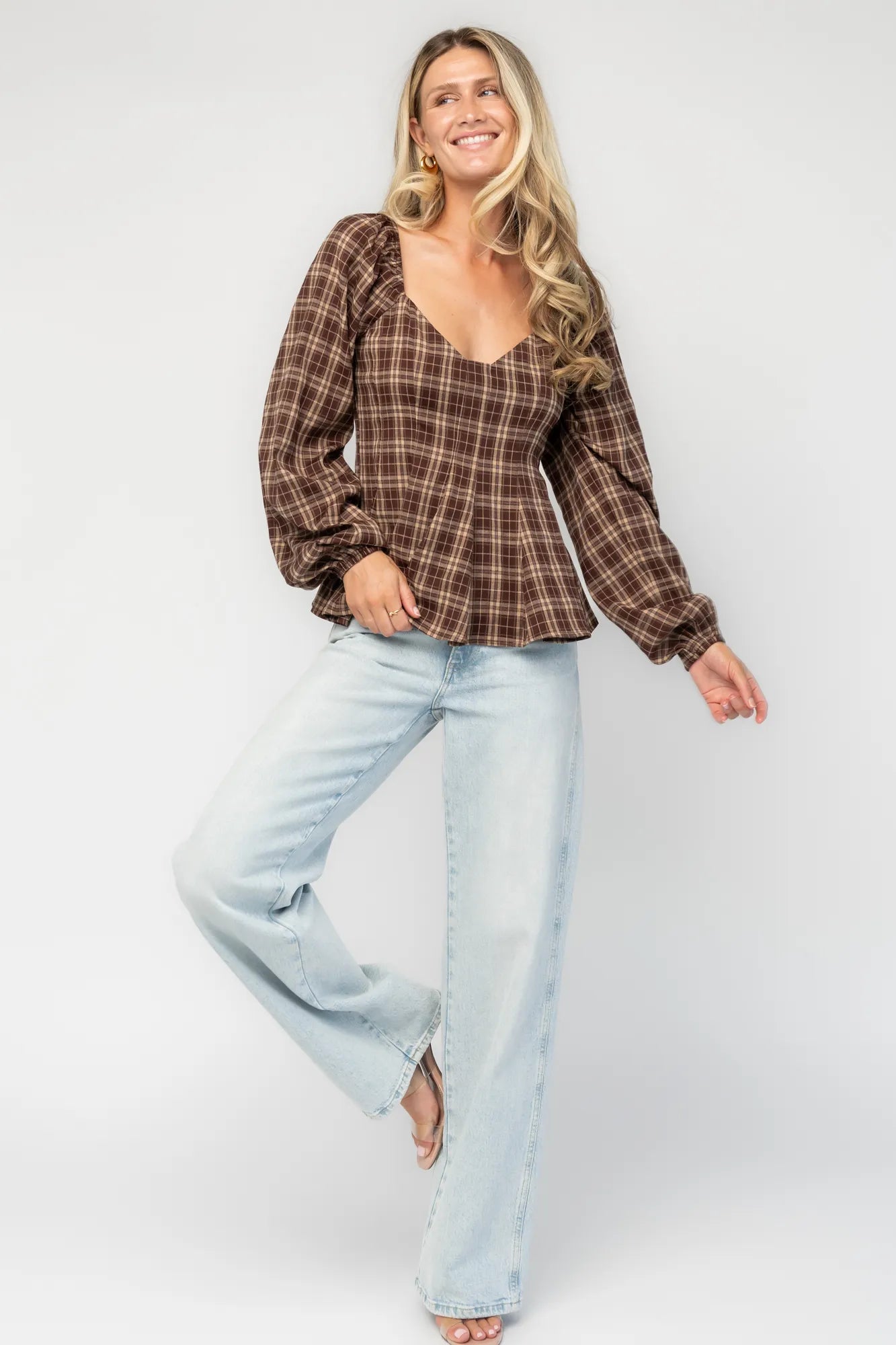 Sutton Peplum Top | Brown Plaid Print