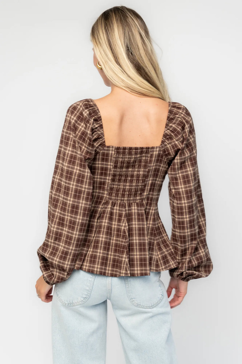 Sutton Peplum Top | Brown Plaid Print