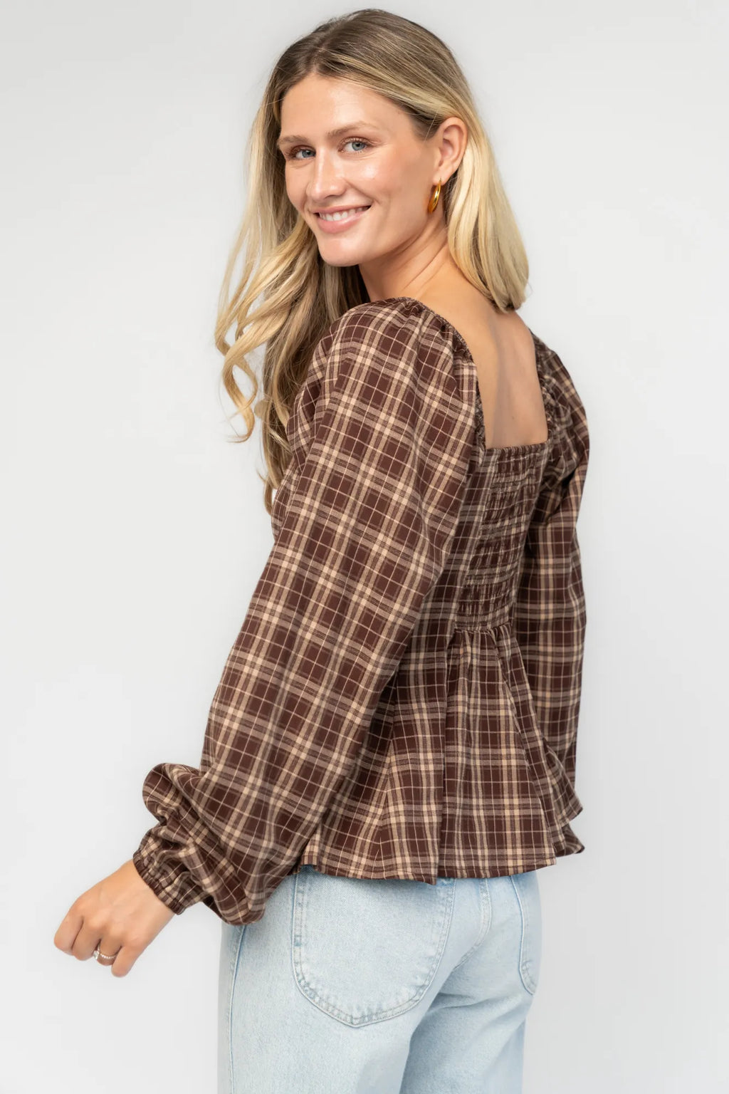 Sutton Peplum Top | Brown Plaid Print