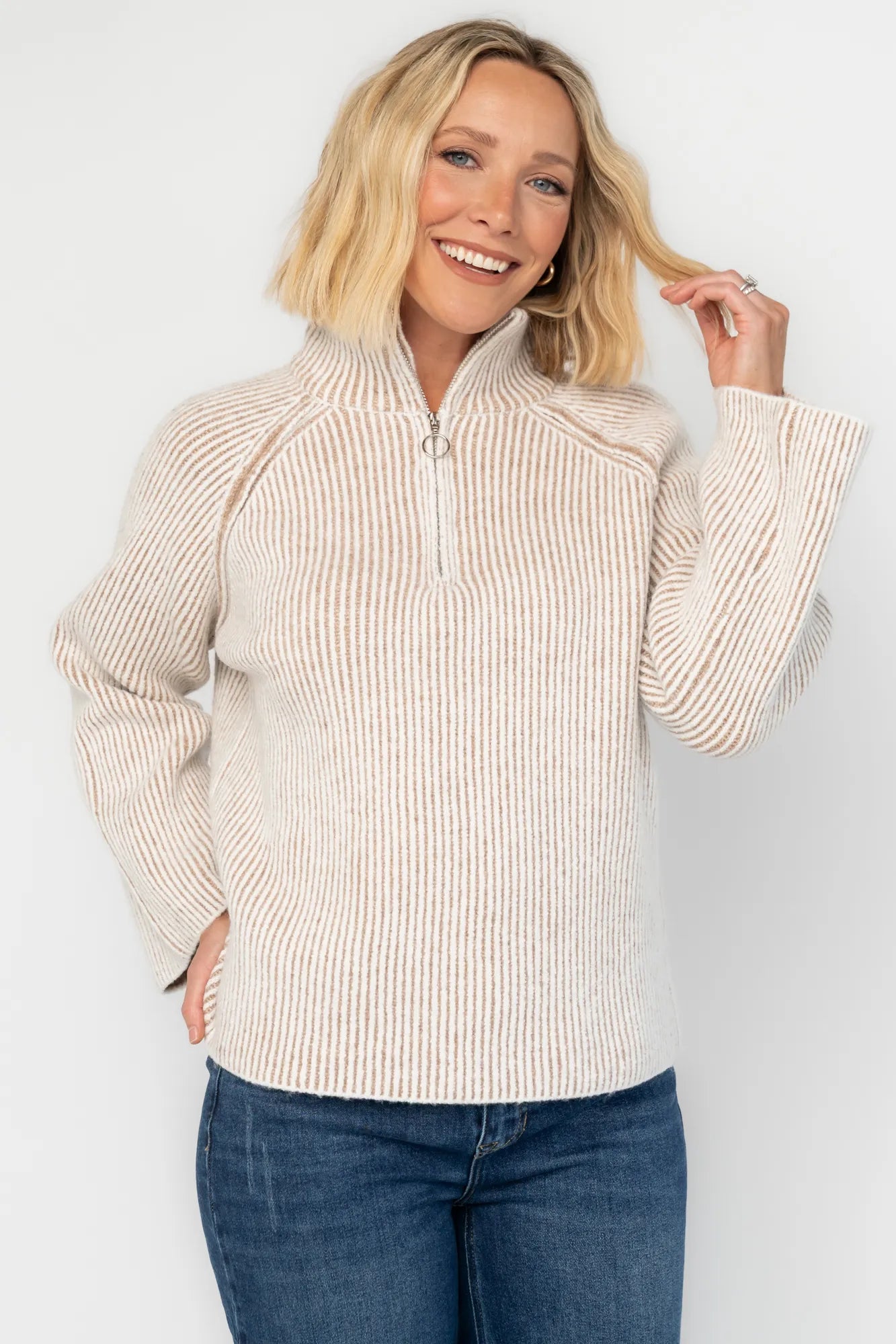 Arlington Half Zip Sweater | Beige Stripe