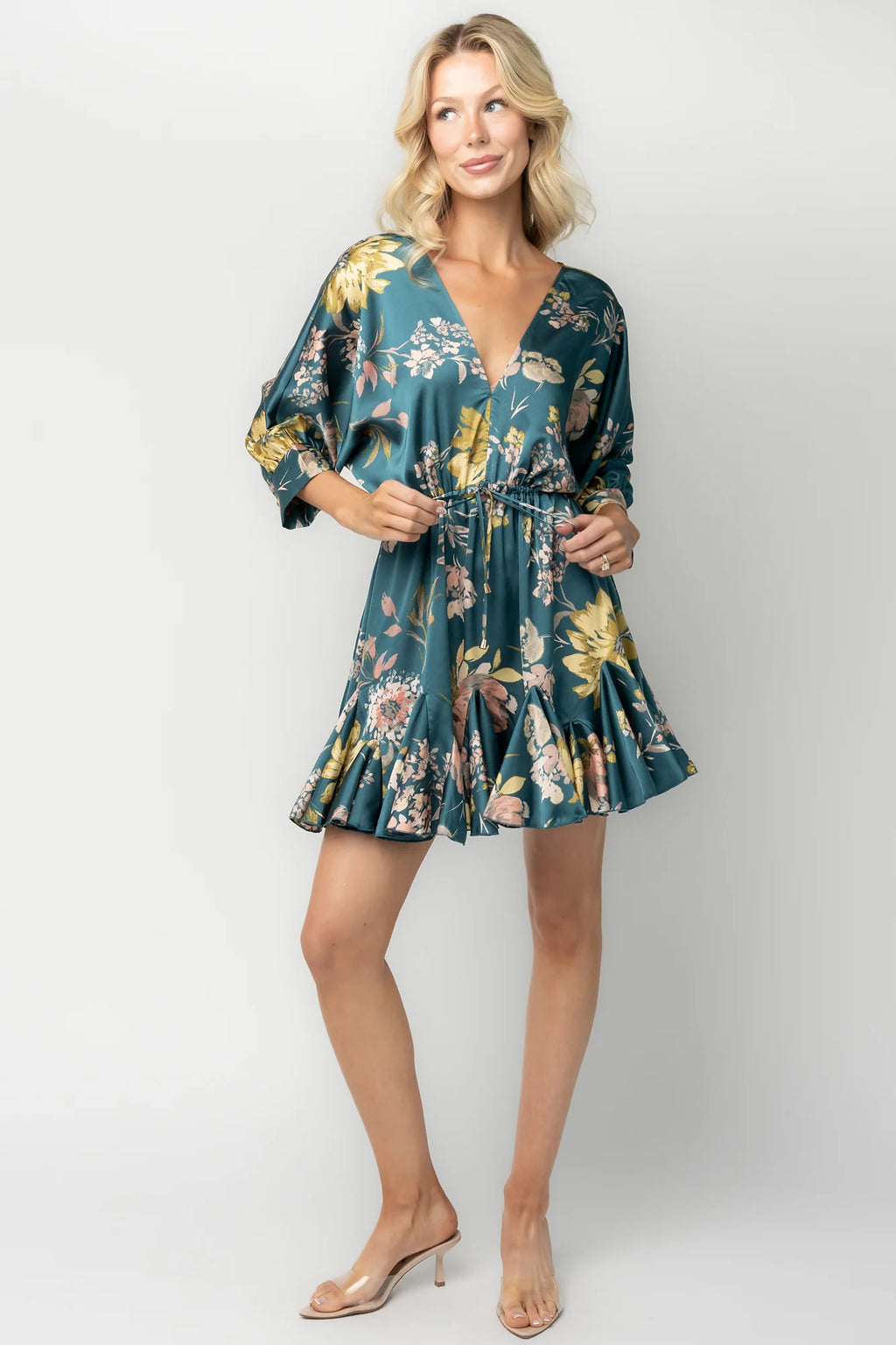 Desiree Satin Short Dress | Teal Floral