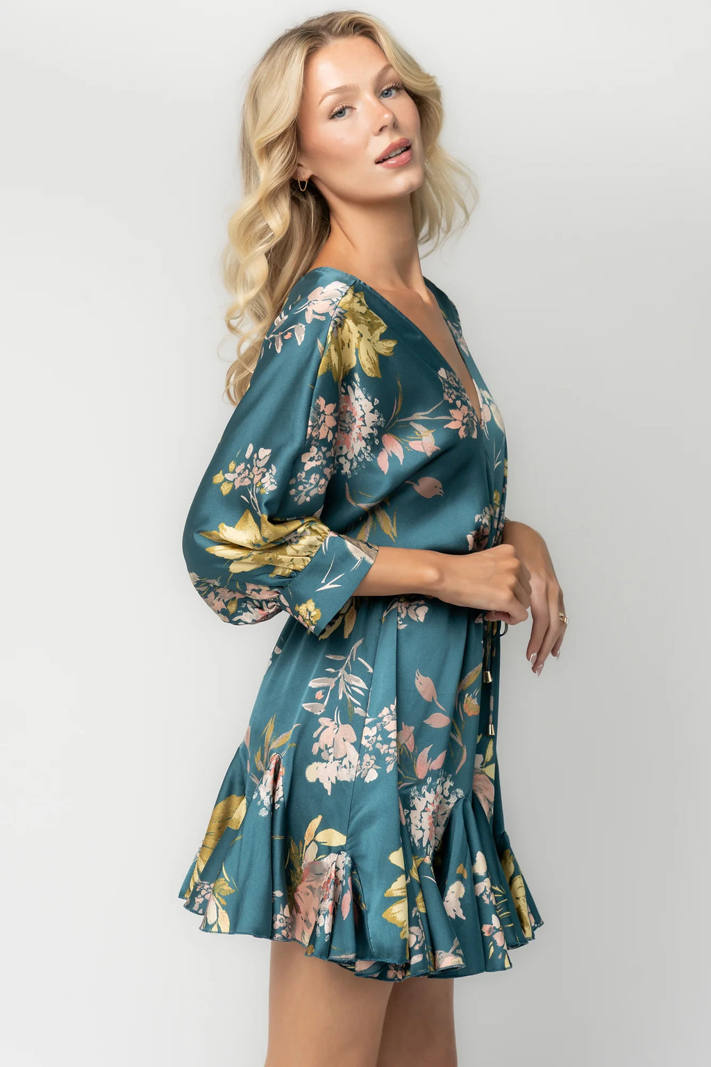Desiree Satin Short Dress | Teal Floral