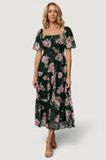 Annabeth Midi Dress | Dark Green + Pink