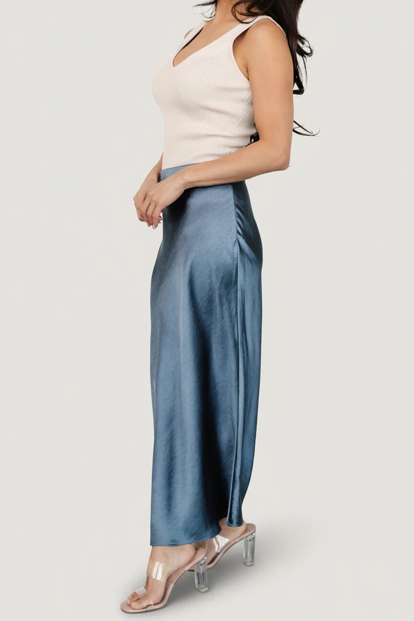 Celeste Satin Midi Skirt | Steel Blue