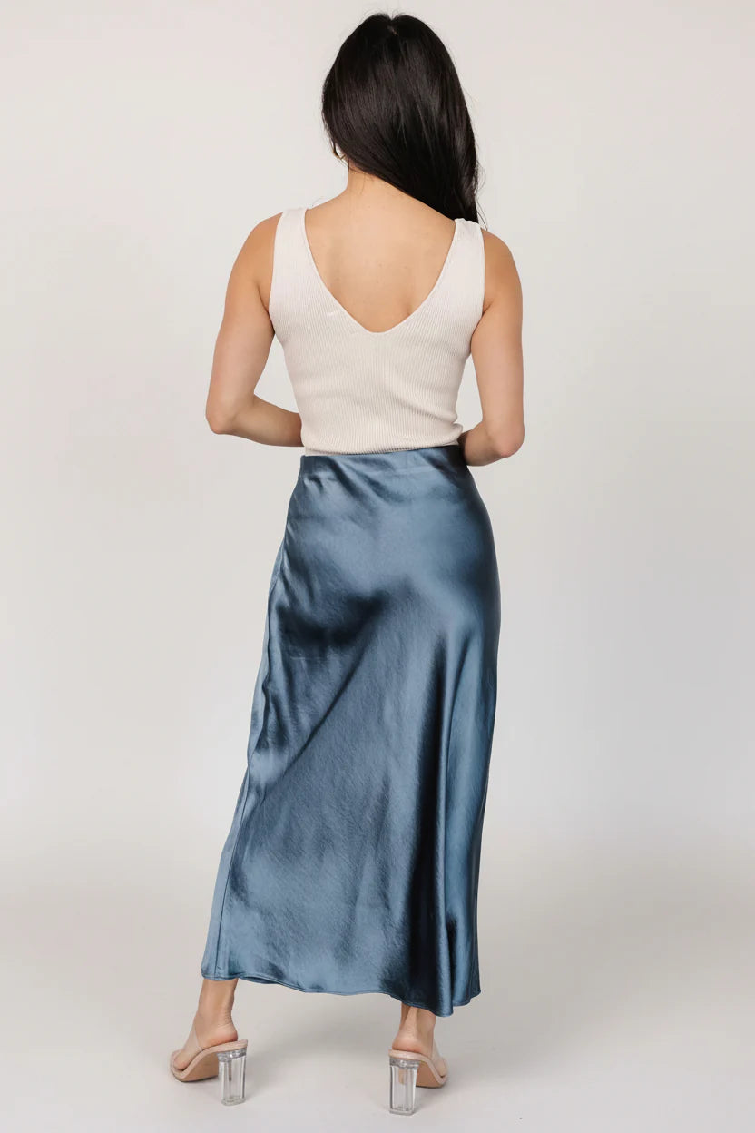 Celeste Satin Midi Skirt | Steel Blue