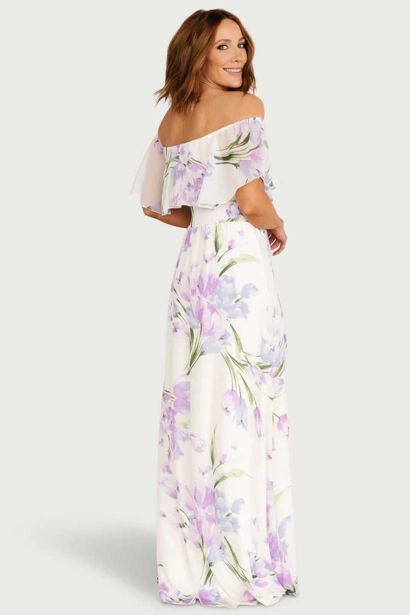 Daphne Off Shoulder Maxi Dress | Ivory + Lavender Floral