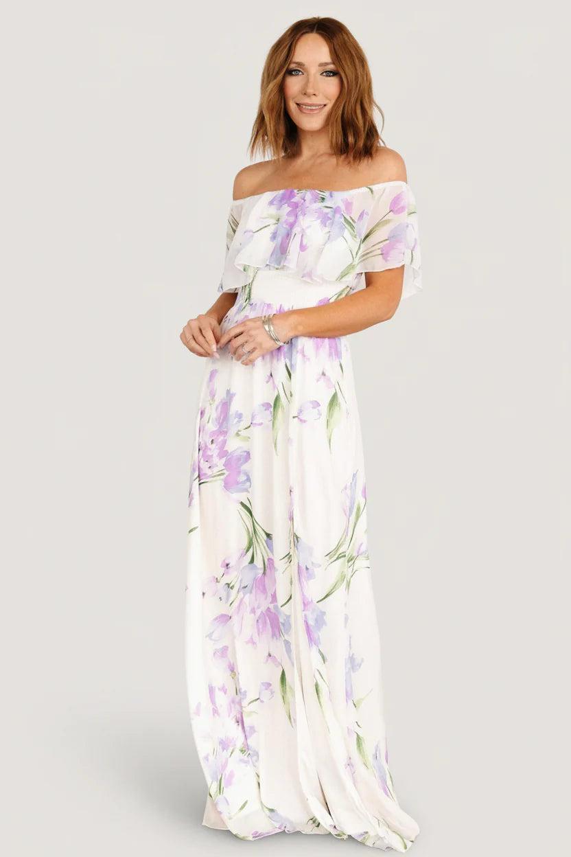 Daphne Off Shoulder Maxi Dress | Ivory + Lavender Floral
