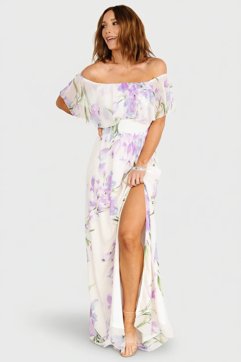 Daphne Off Shoulder Maxi Dress | Ivory + Lavender Floral