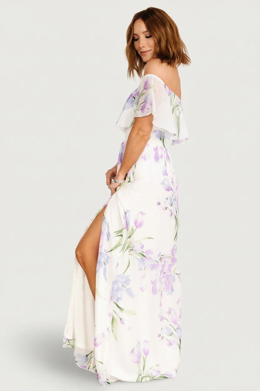 Daphne Off Shoulder Maxi Dress | Ivory + Lavender Floral