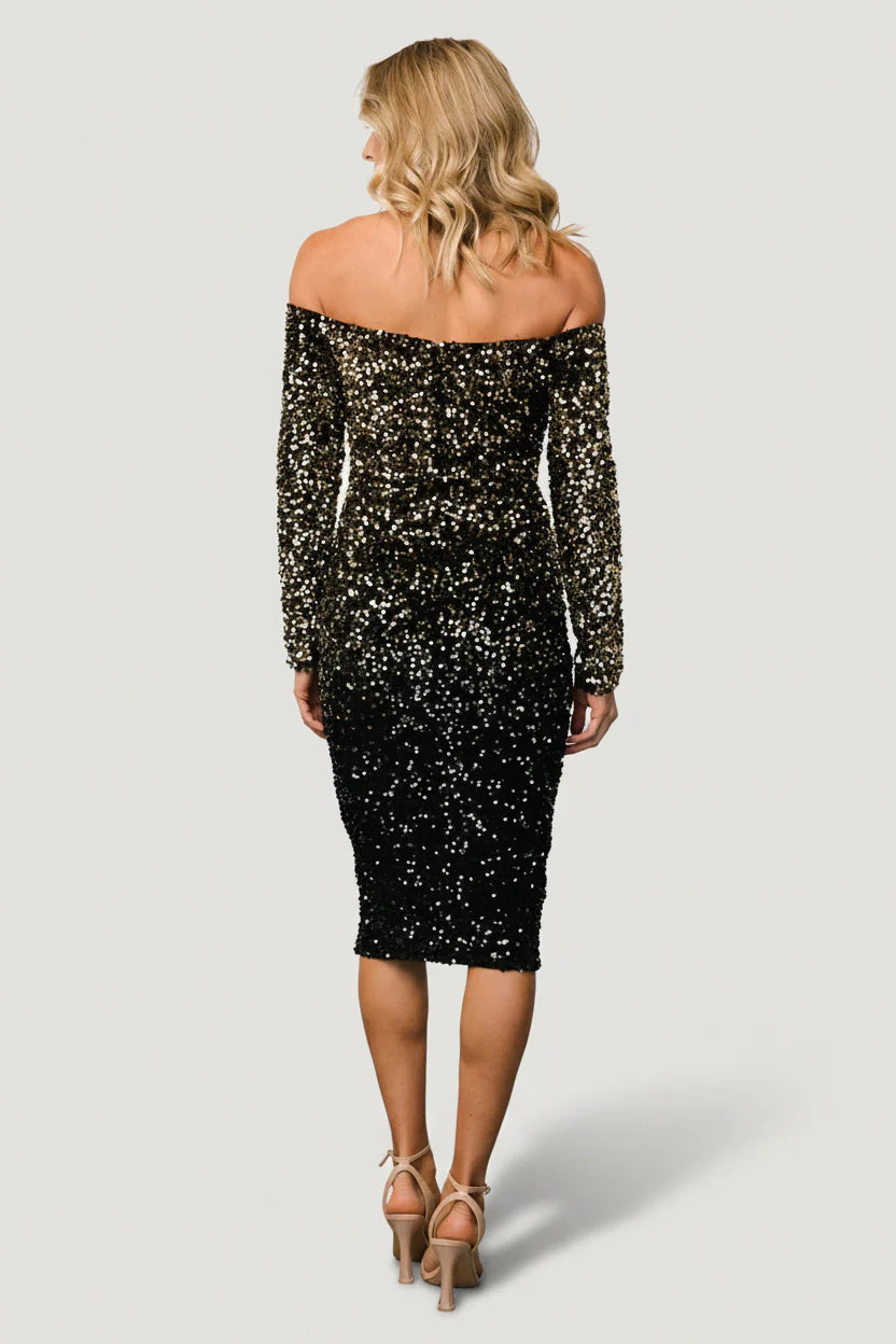 Eclipse Sequin Midi Dress | Black + Gold