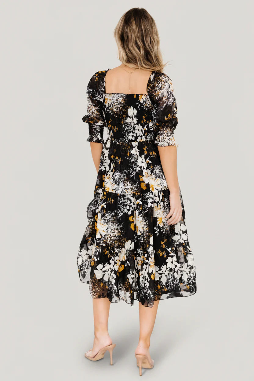 Fabian Jacquard Midi Dress | Black Floral