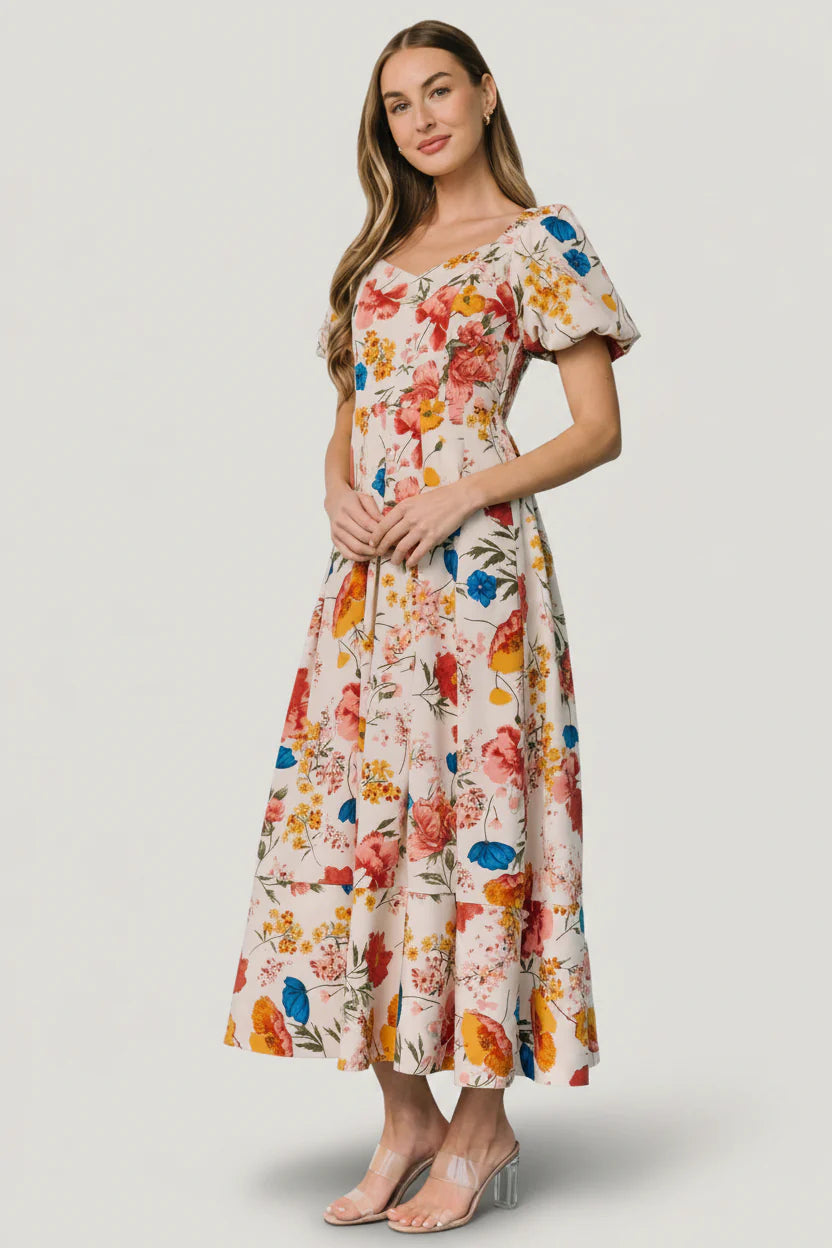 Greta Pleated Maxi Dress | Cream Multi Floral