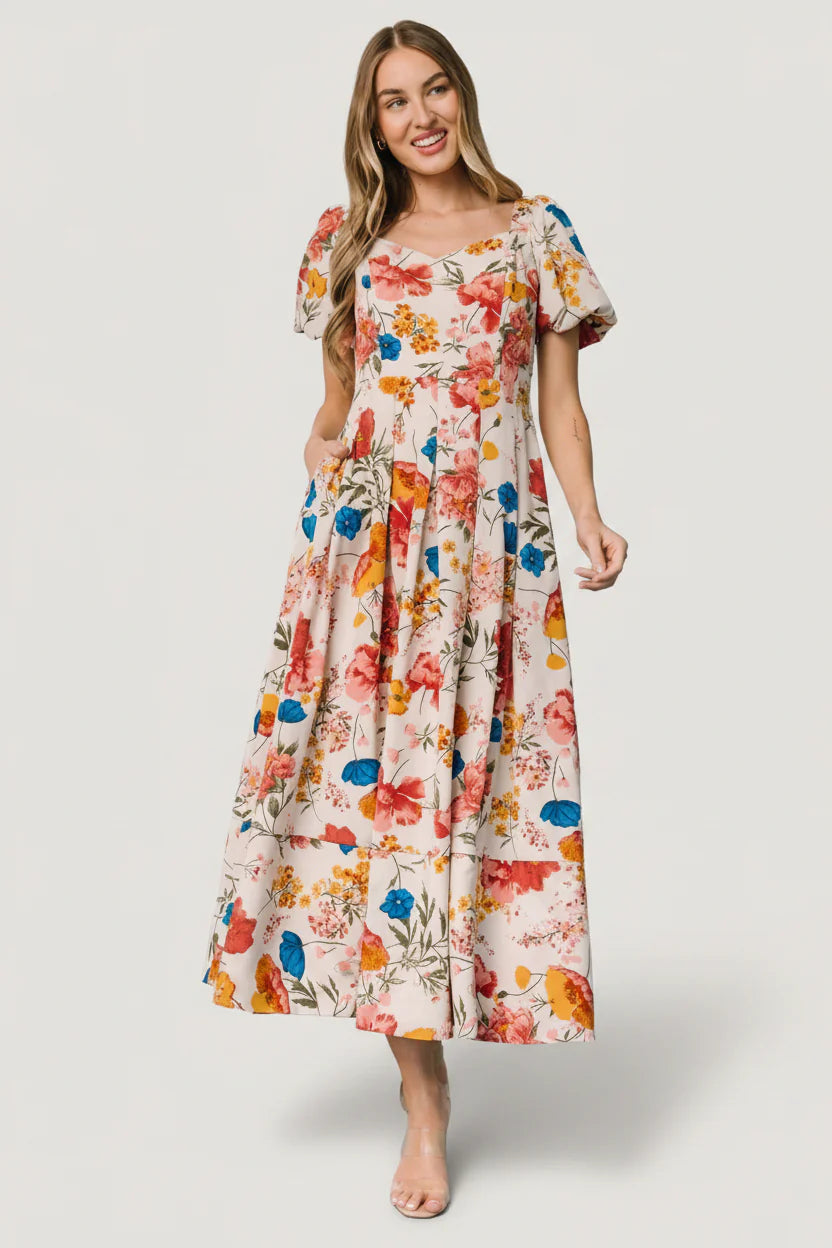 Greta Pleated Maxi Dress | Cream Multi Floral