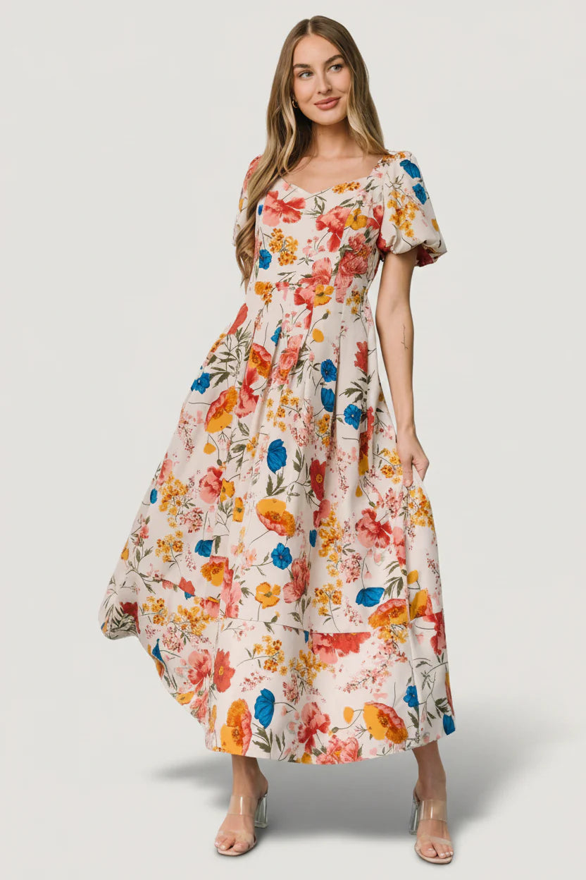 Greta Pleated Maxi Dress | Cream Multi Floral