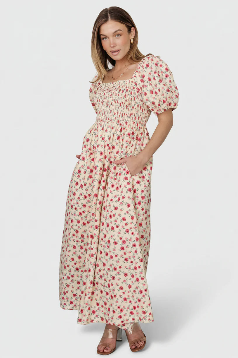 Haddie Smocked Midi Dress | Cream + Rose Floral