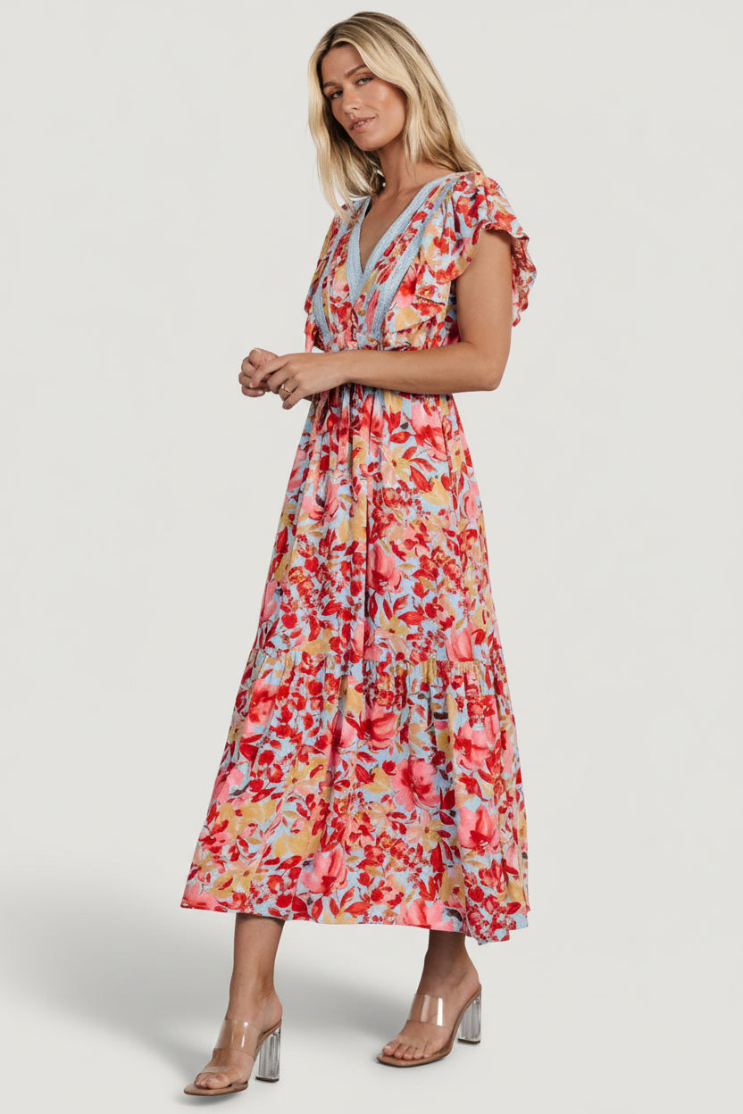 Maggie Maxi Dress | Blue + Coral Multi