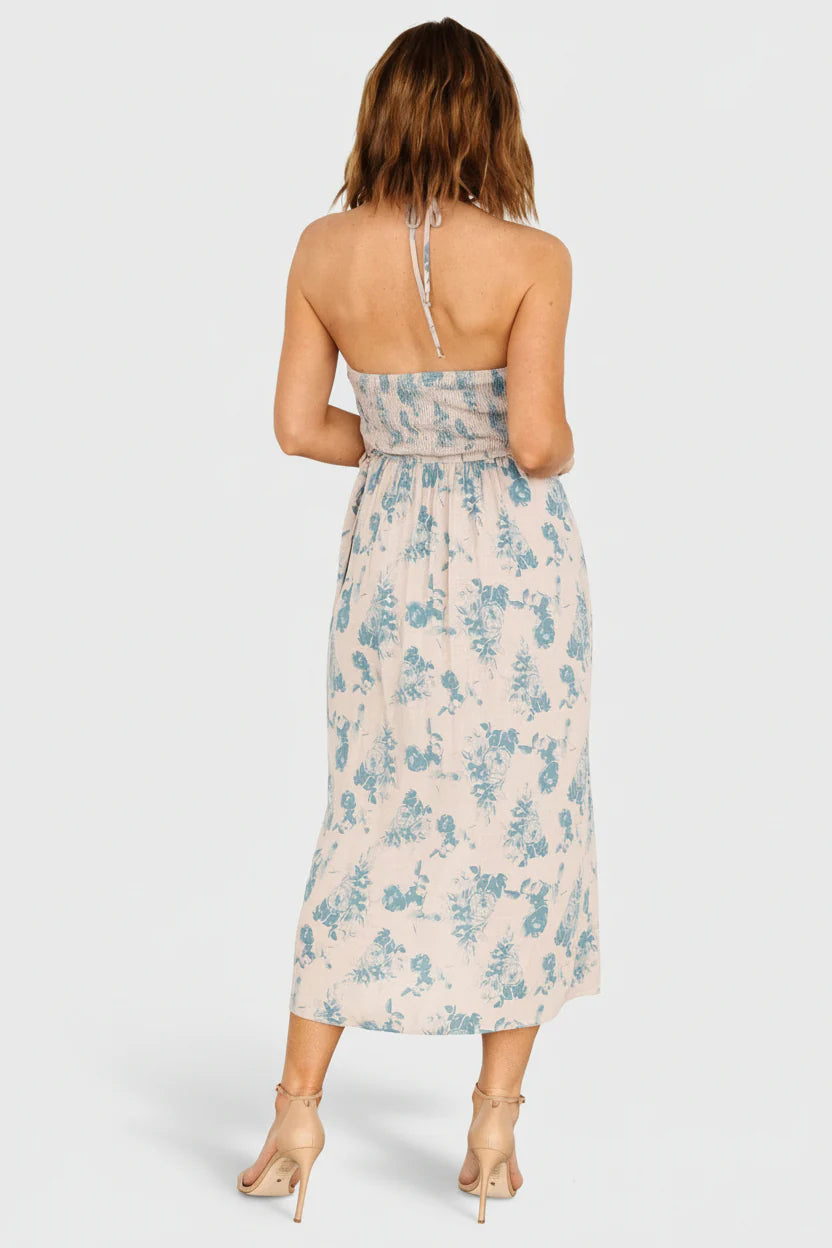 Nicole Faux Wrap Midi Dress | Natural + Blue