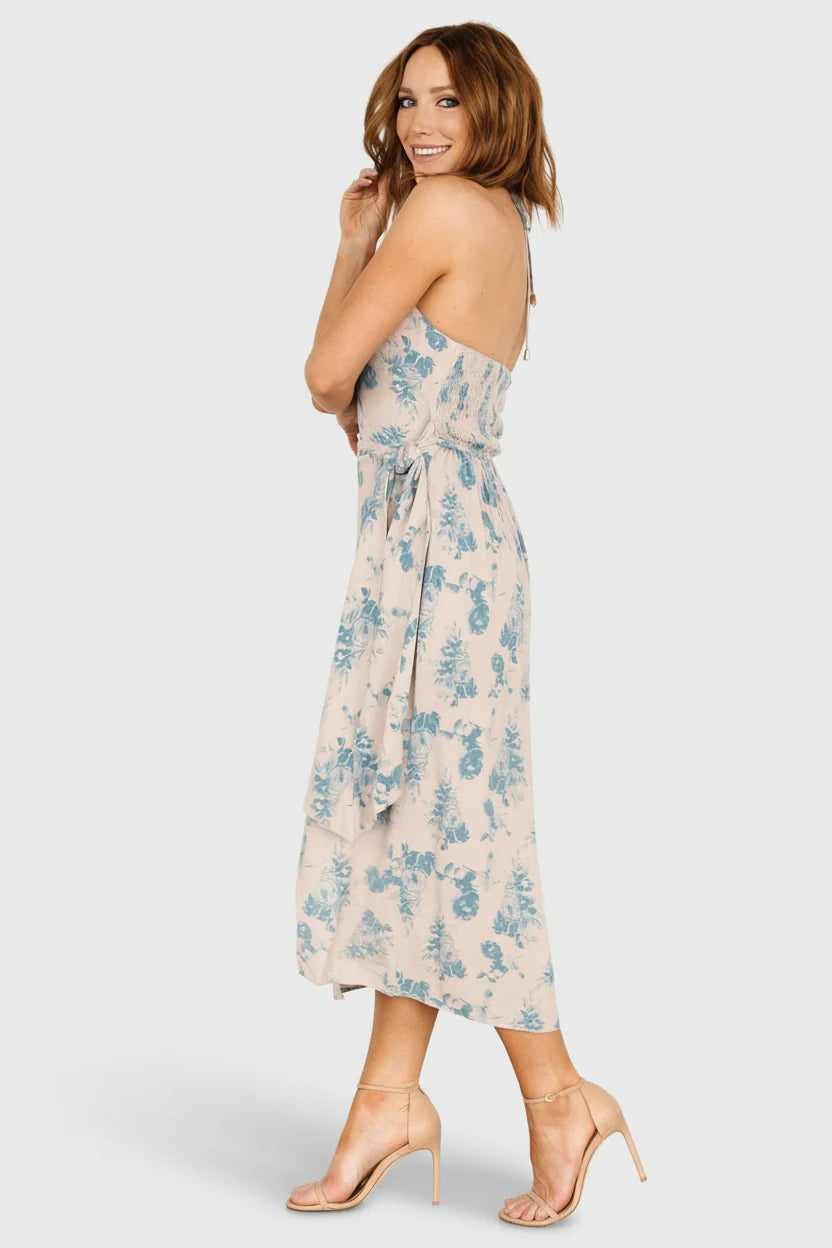 Nicole Faux Wrap Midi Dress | Natural + Blue