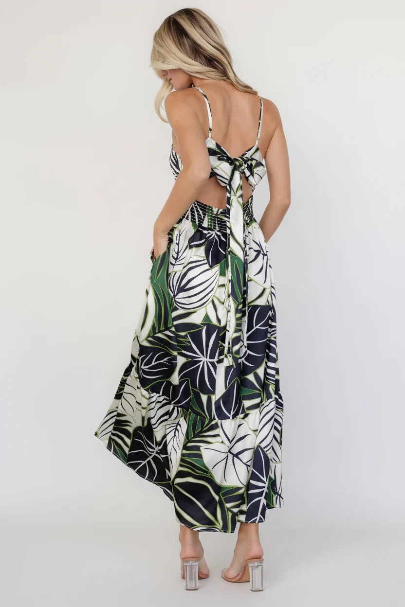 Norita Tie Back Tank Dress | Black + Green Print