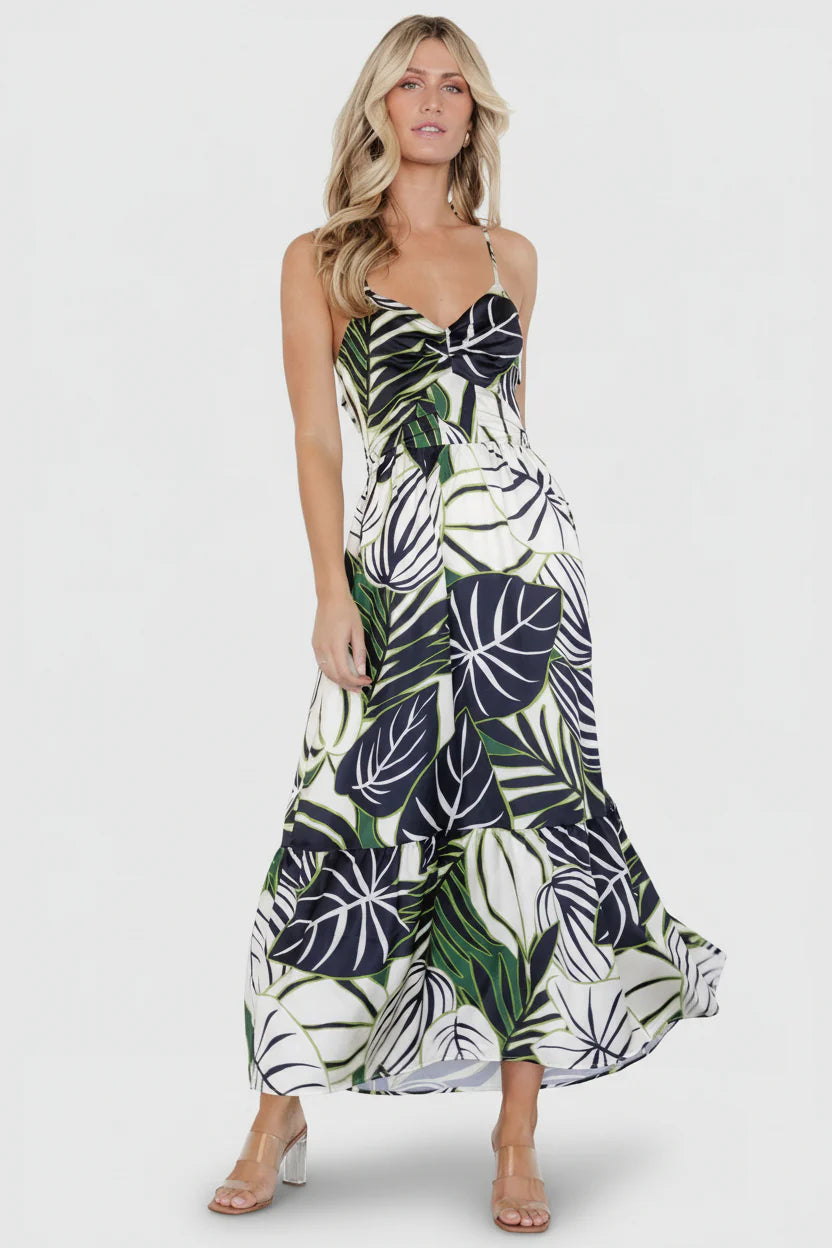 Norita Tie Back Tank Dress | Black + Green Print