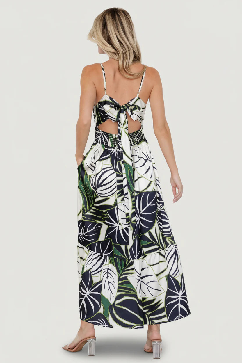 Norita Tie Back Tank Dress | Black + Green Print