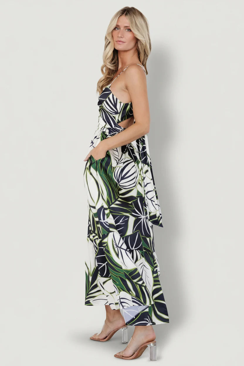 Norita Tie Back Tank Dress | Black + Green Print