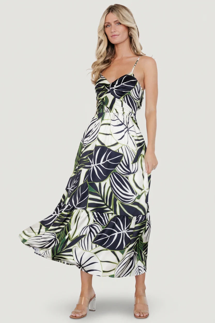 Norita Tie Back Tank Dress | Black + Green Print